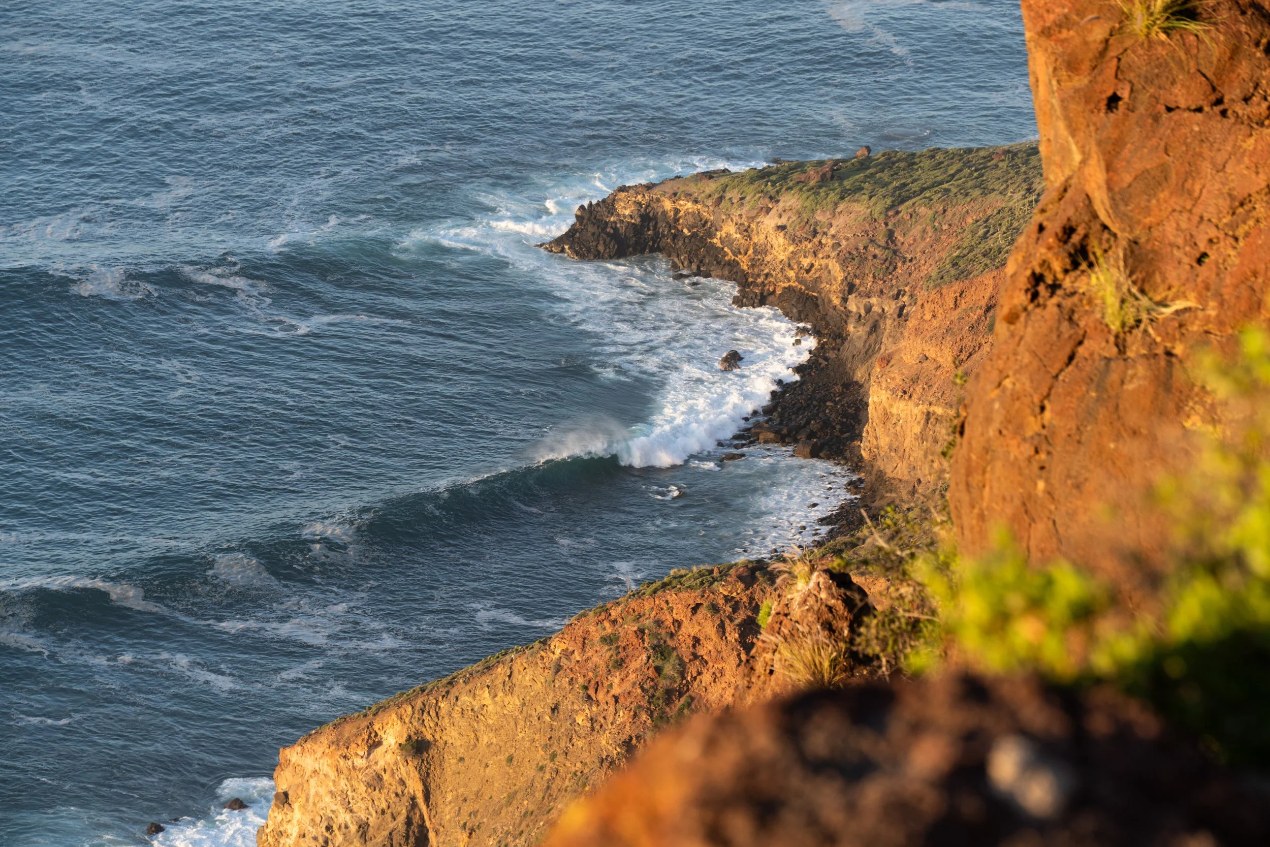 Cliffside view of the ocean waves crashing against rocky coast with sunlight illuminating the rocks.