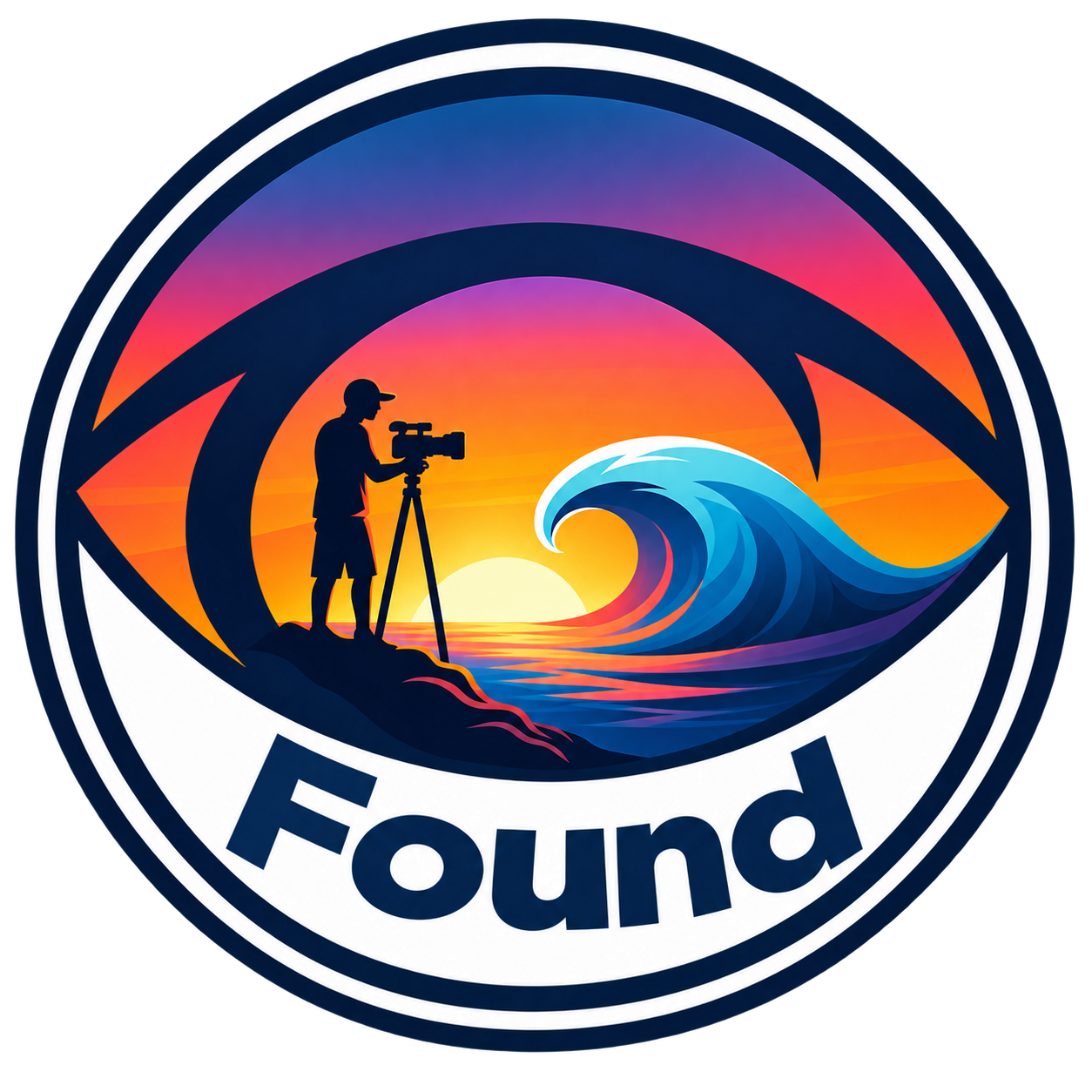 Logo featuring a sunset over the ocean with a silhouetted person operating a camera on a tripod, inside an eye shape, with the word 'SurfEye' at the bottom.