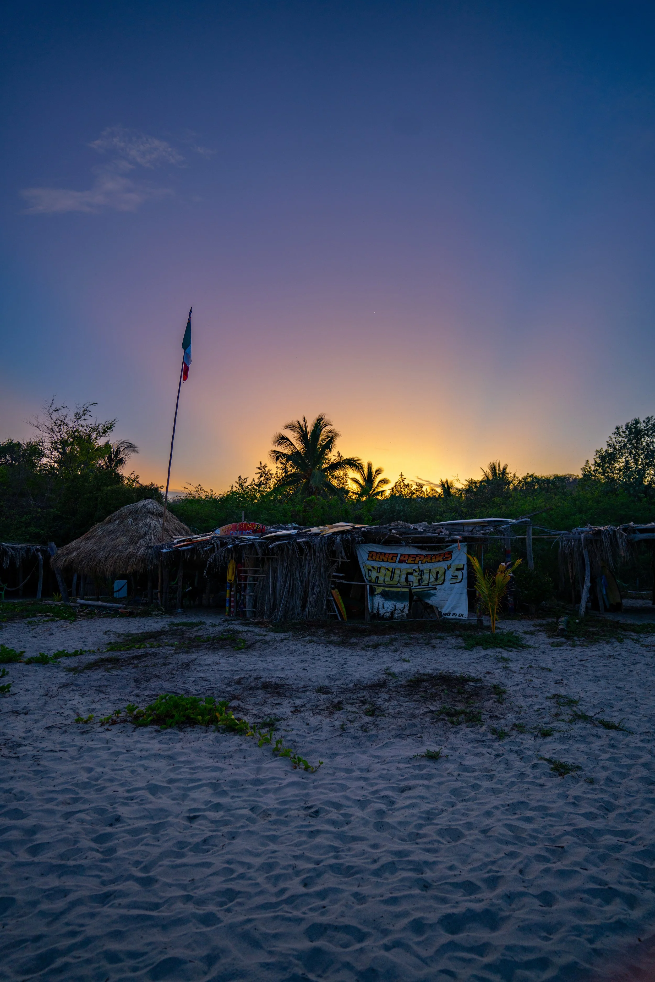 Beachside scene at sunset with a thatched hut, palm trees, and a flagpole with the French flag.