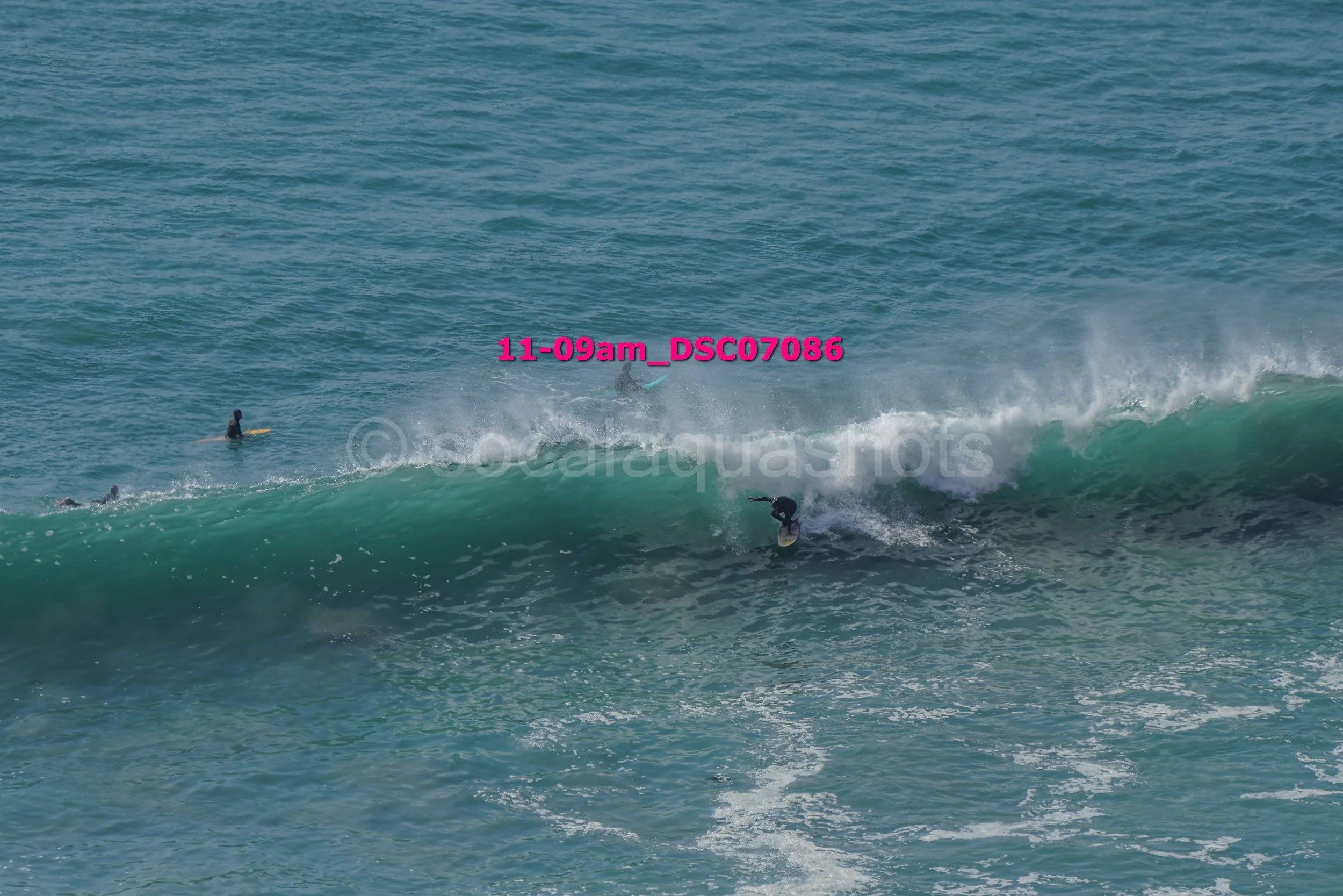 Surfers riding and waiting for waves in the ocean.