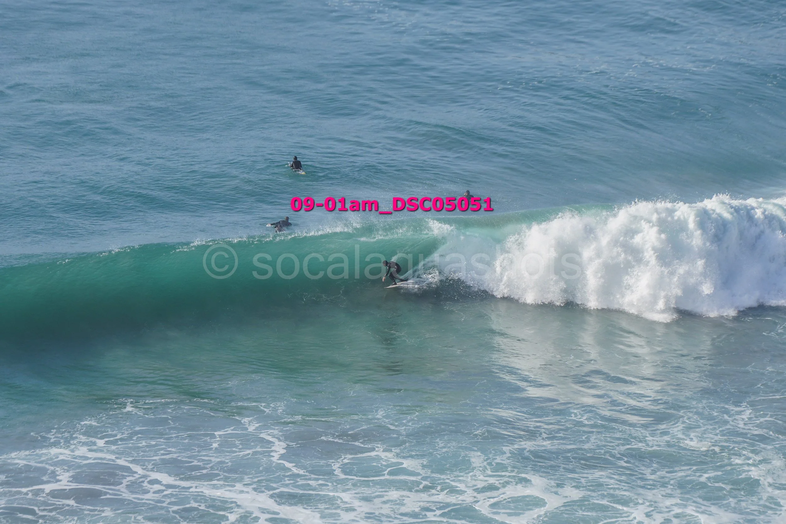 Surfer riding a wave with several people in the water in the background.