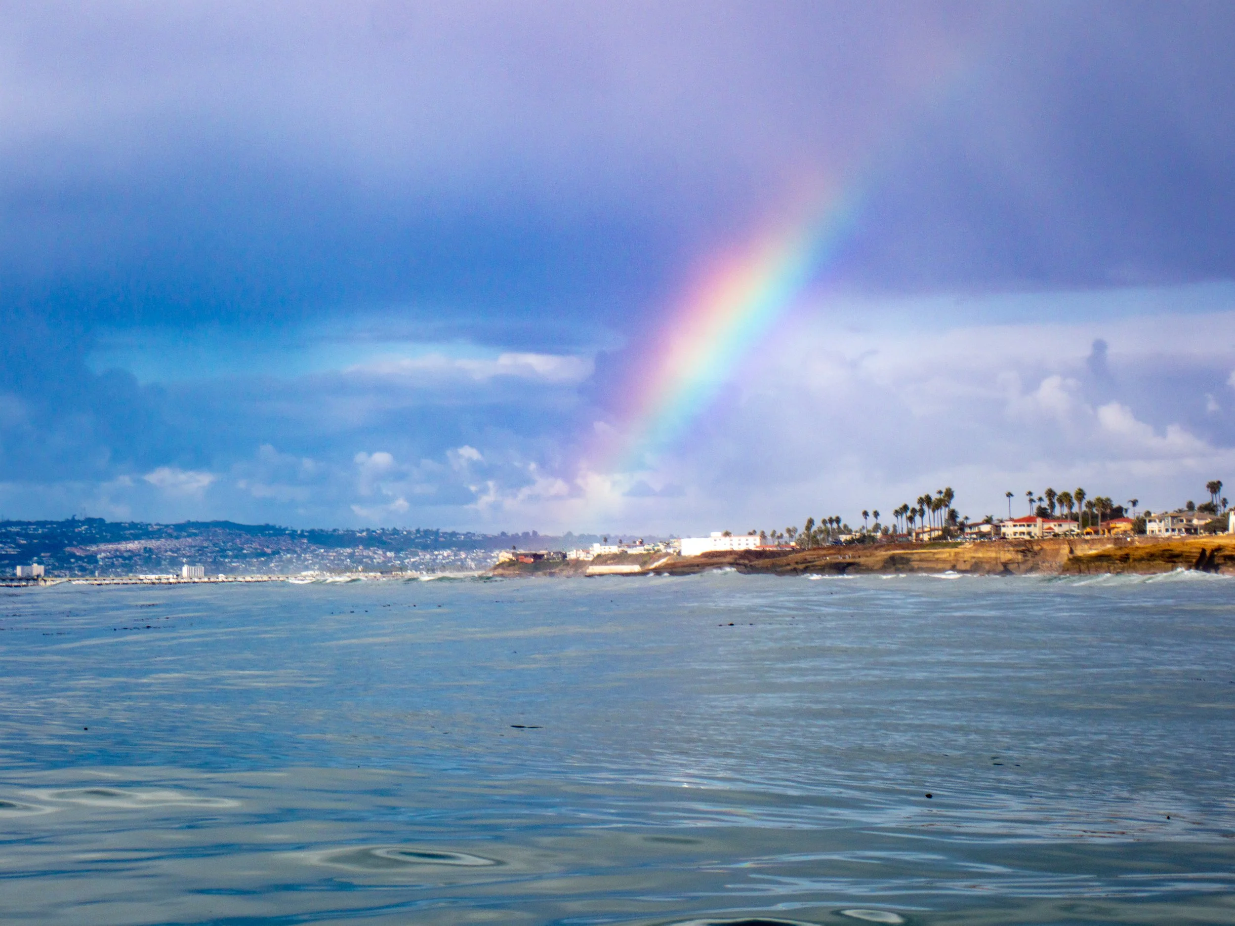 A rainbow over the ocean near a coastline with houses and palm trees under a cloudy sky.
