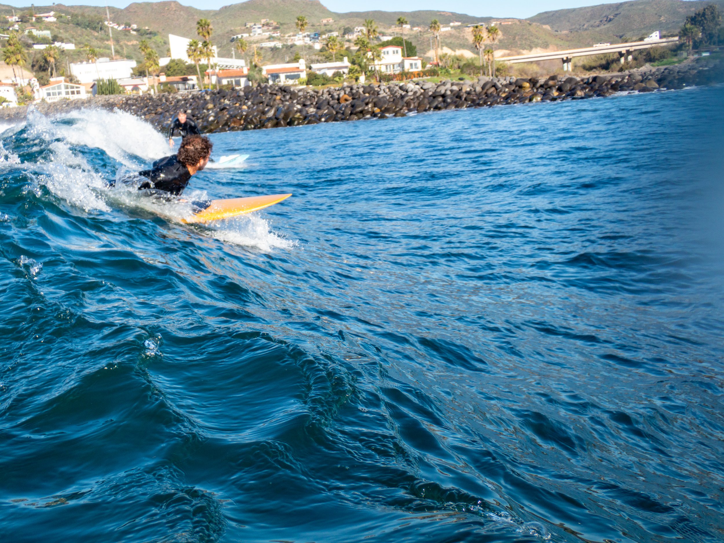 Two surfers riding waves near a rocky shoreline with houses and palm trees in the background.