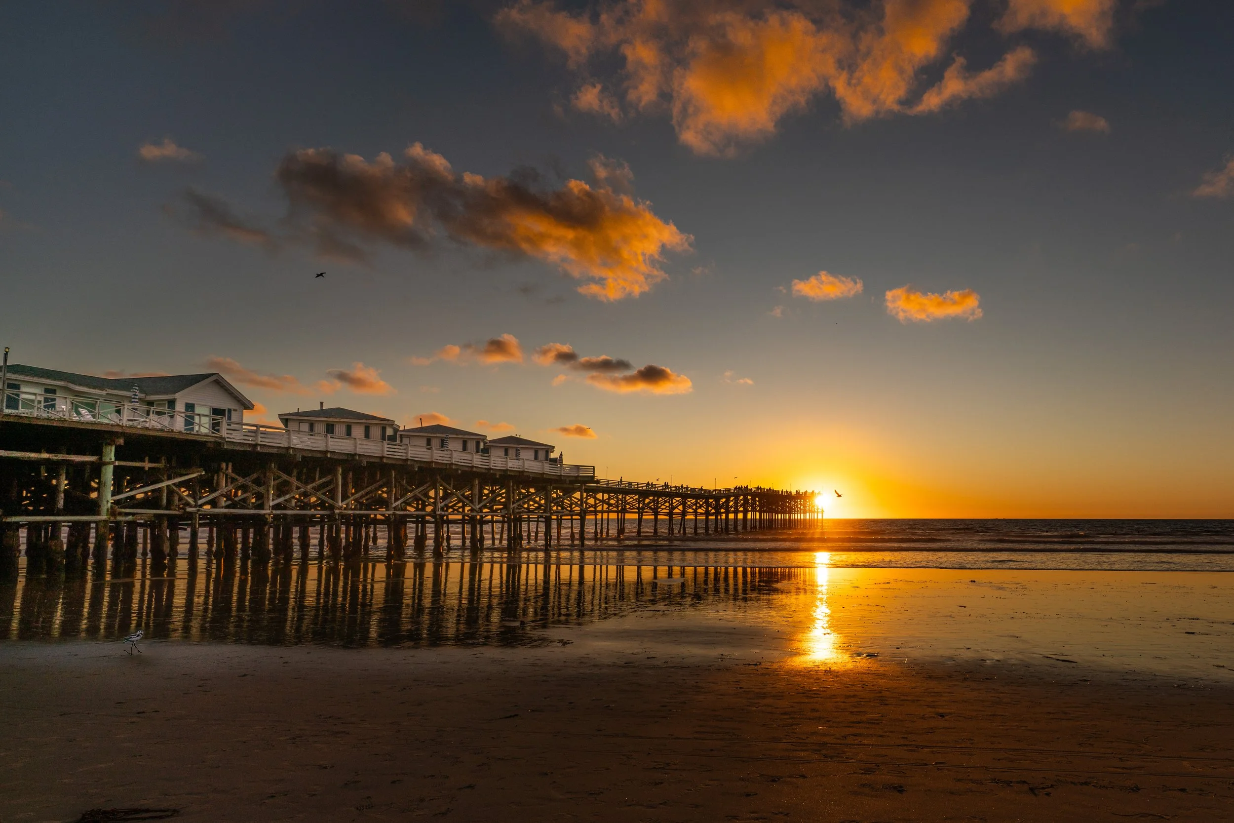 Sunset over a pier extending into the ocean, with a partly cloudy sky and a few birds flying.