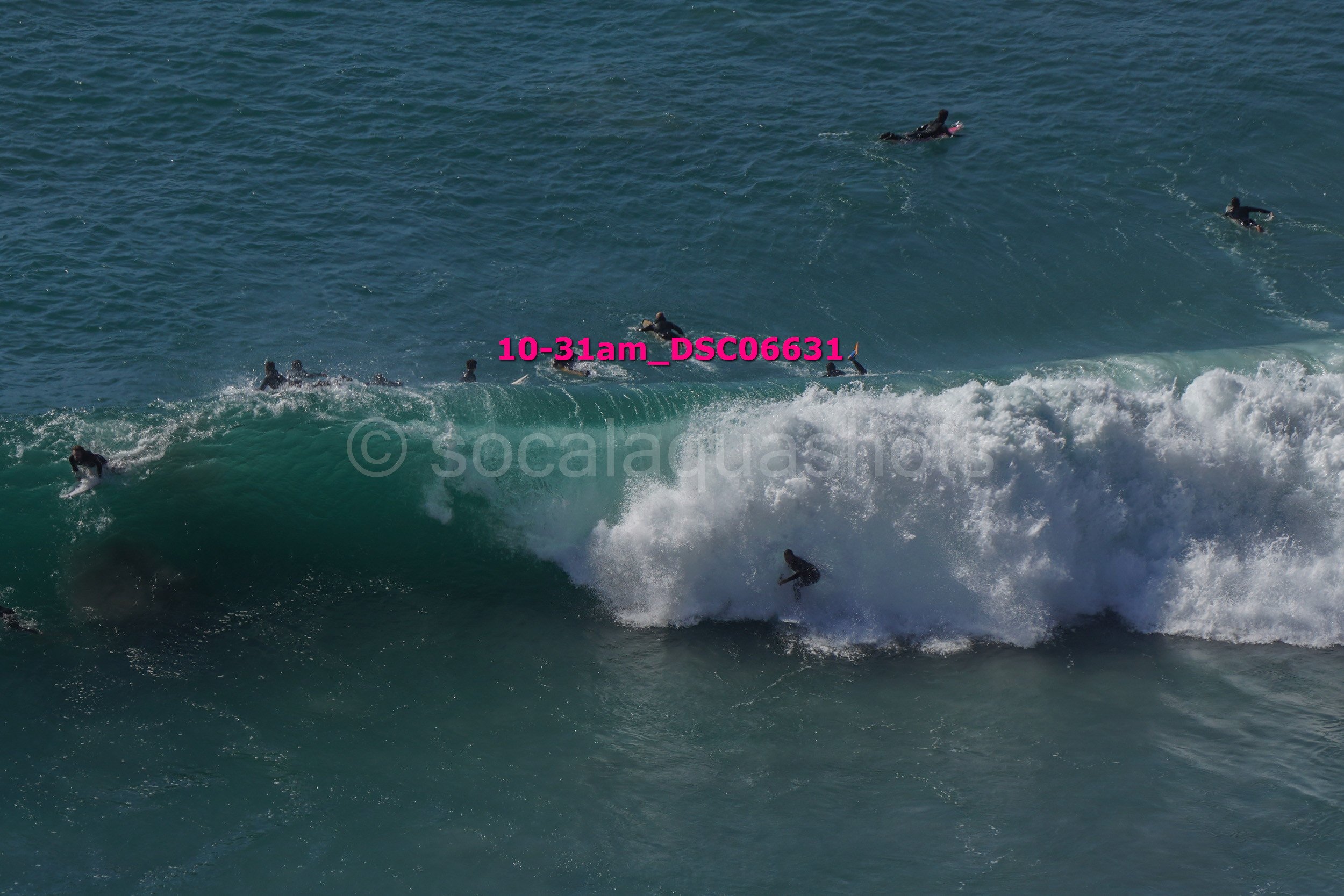 Surfers riding large ocean waves with some surfers paddling in the background.