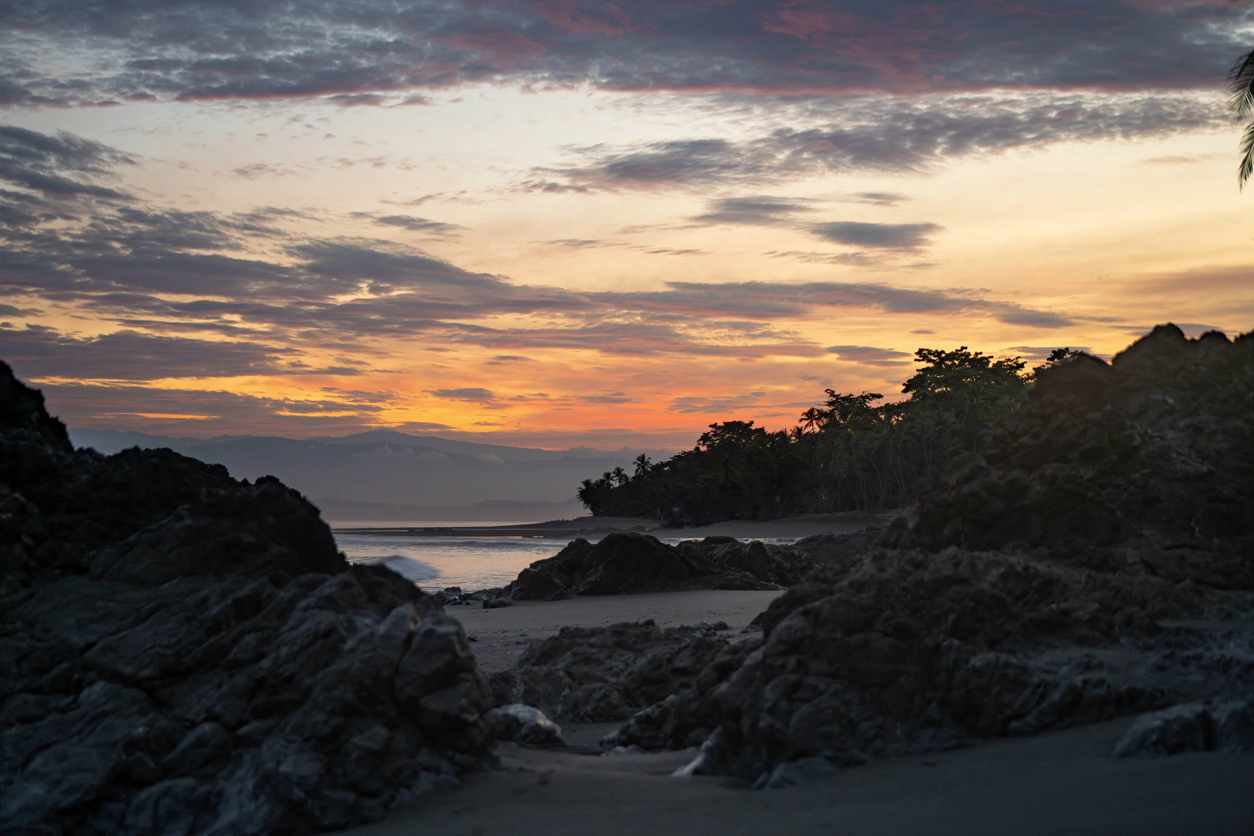 A scenic view of a beach at sunset with rocky formations in the foreground, palm trees on the right, and a vibrant sky with scattered clouds in shades of purple, pink, and orange.