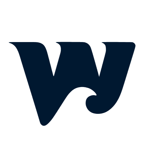 A dark blue stylized letter 'W' with a curved tail, set against a black background.