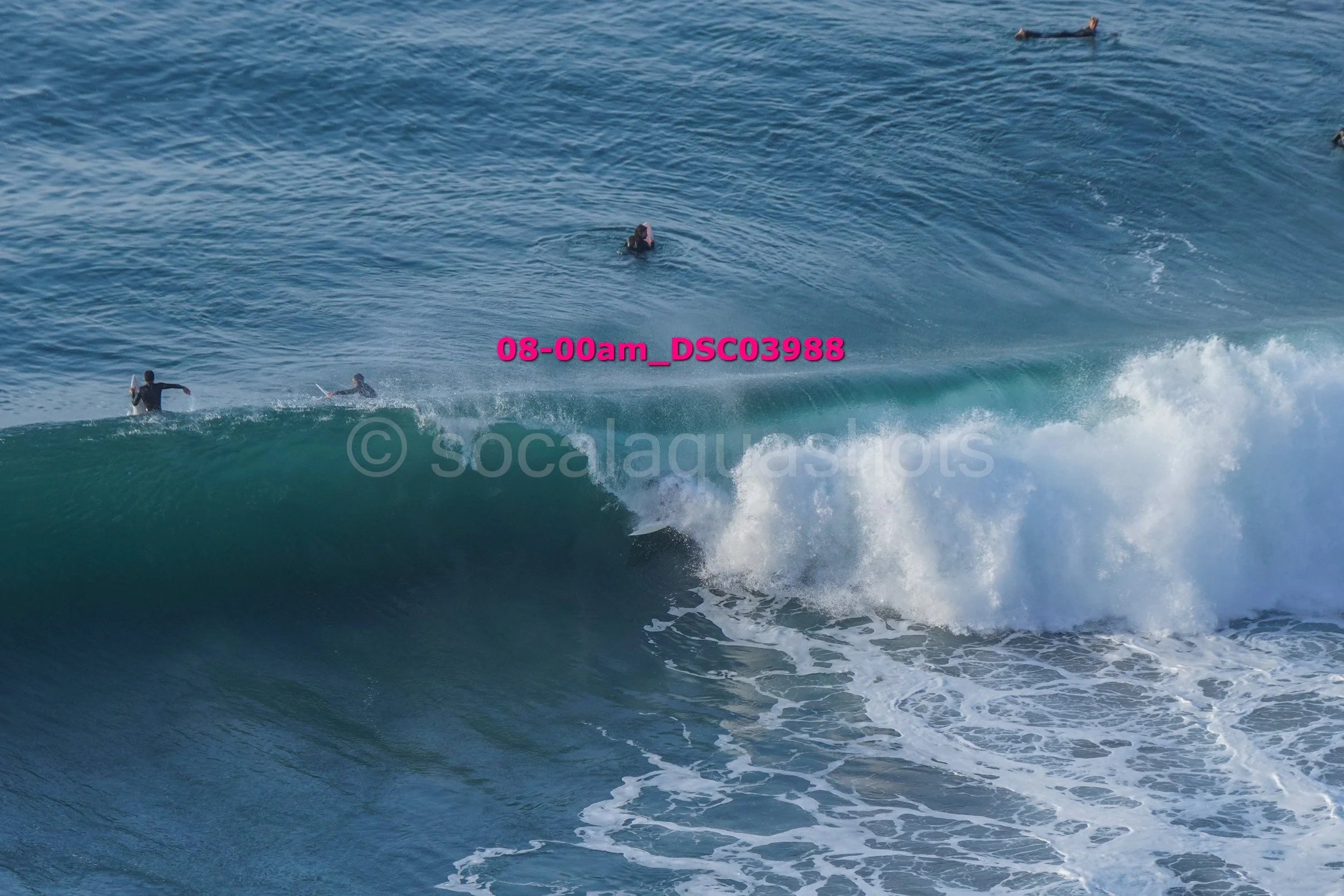 Surfers in the ocean, some holding surfboards, riding or waiting for waves, with water splashing, sunny weather.