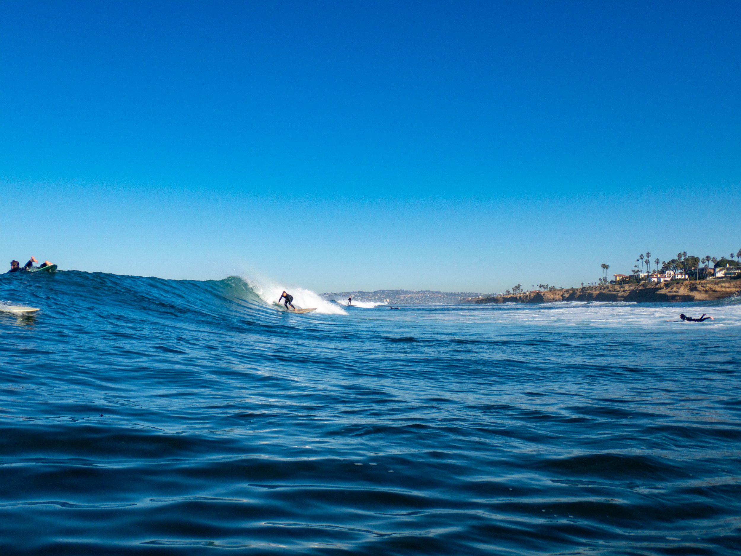 Surfers riding waves near a coastline with houses and palm trees under a clear blue sky.