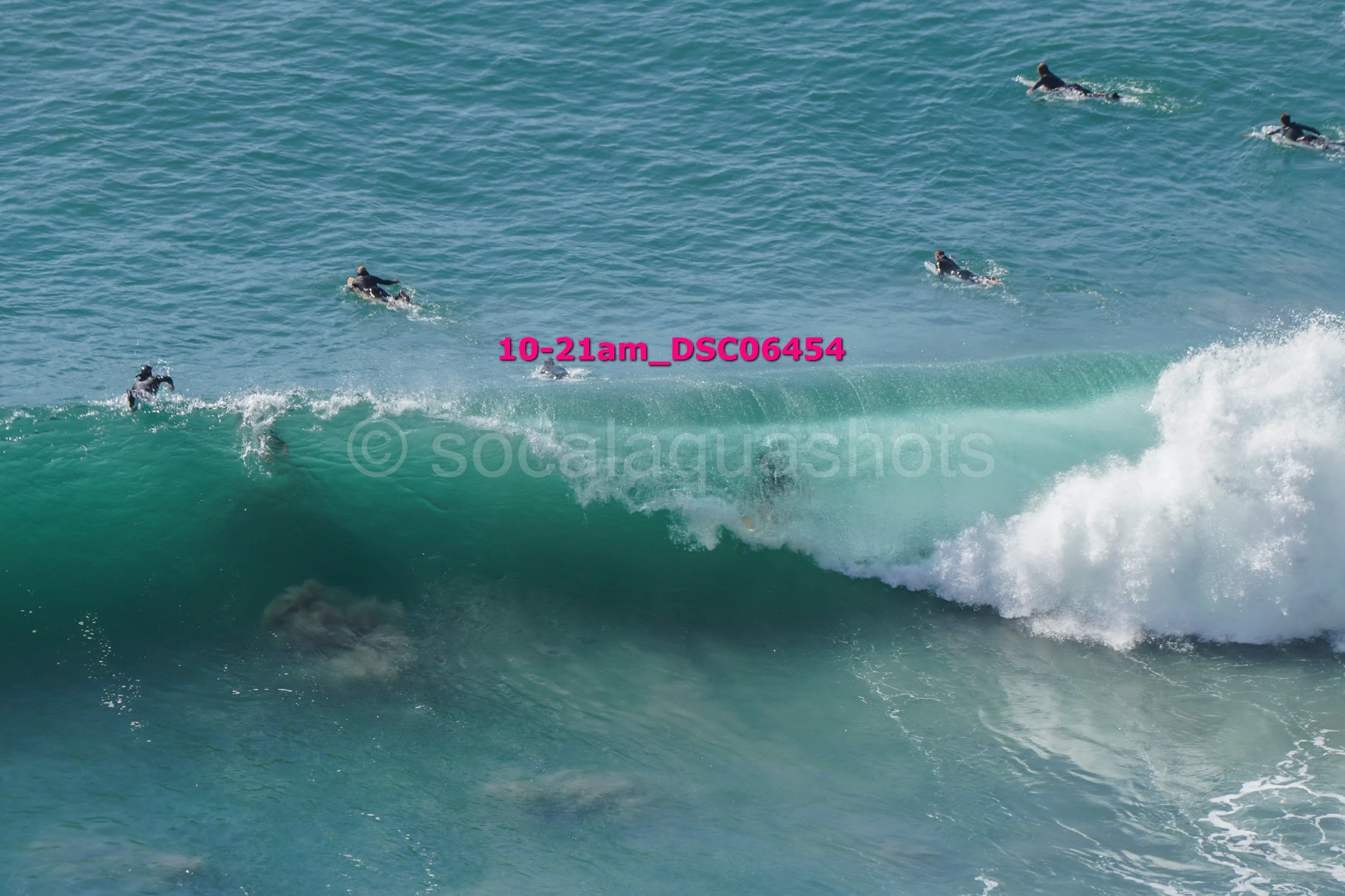 Surfers on the ocean riding a large wave, with several surfers paddling in the background.