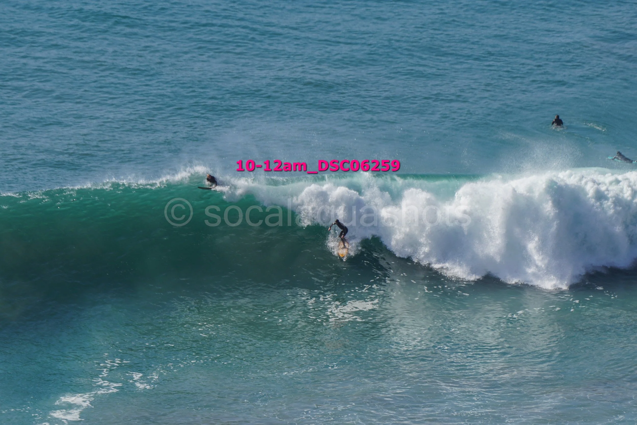 Several surfers riding and swimming in a large ocean wave, with a clear blue sky in the background.
