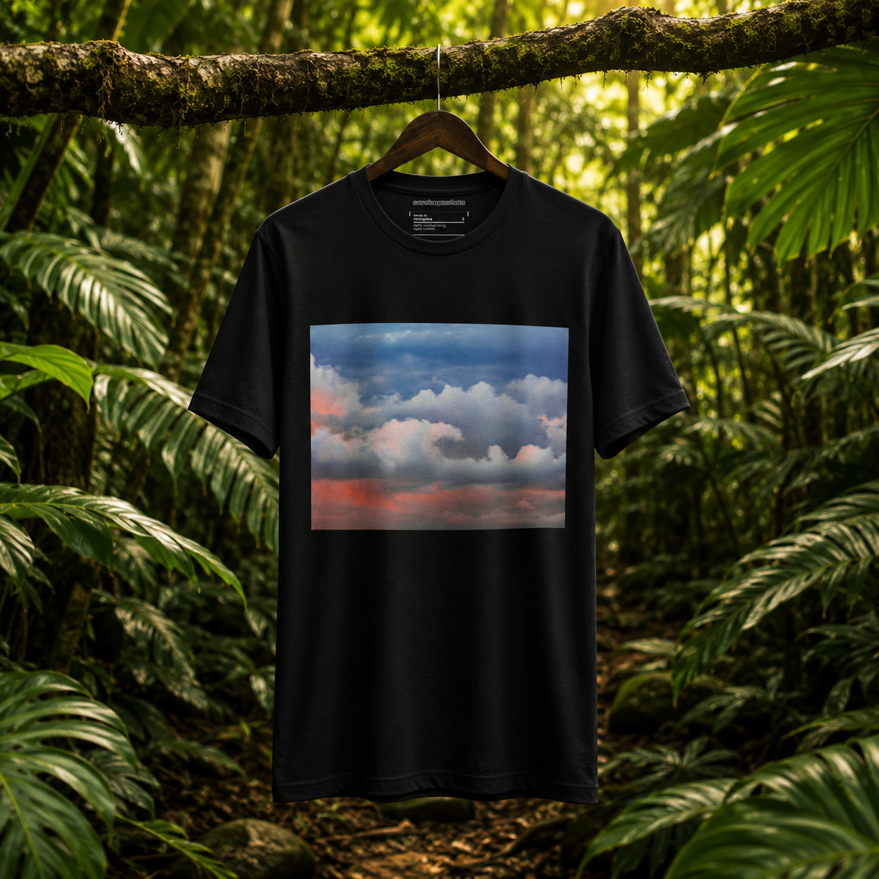 Black T-shirt with a graphic of a colorful sunset sky hanging on a wooden hanger in a lush green jungle.