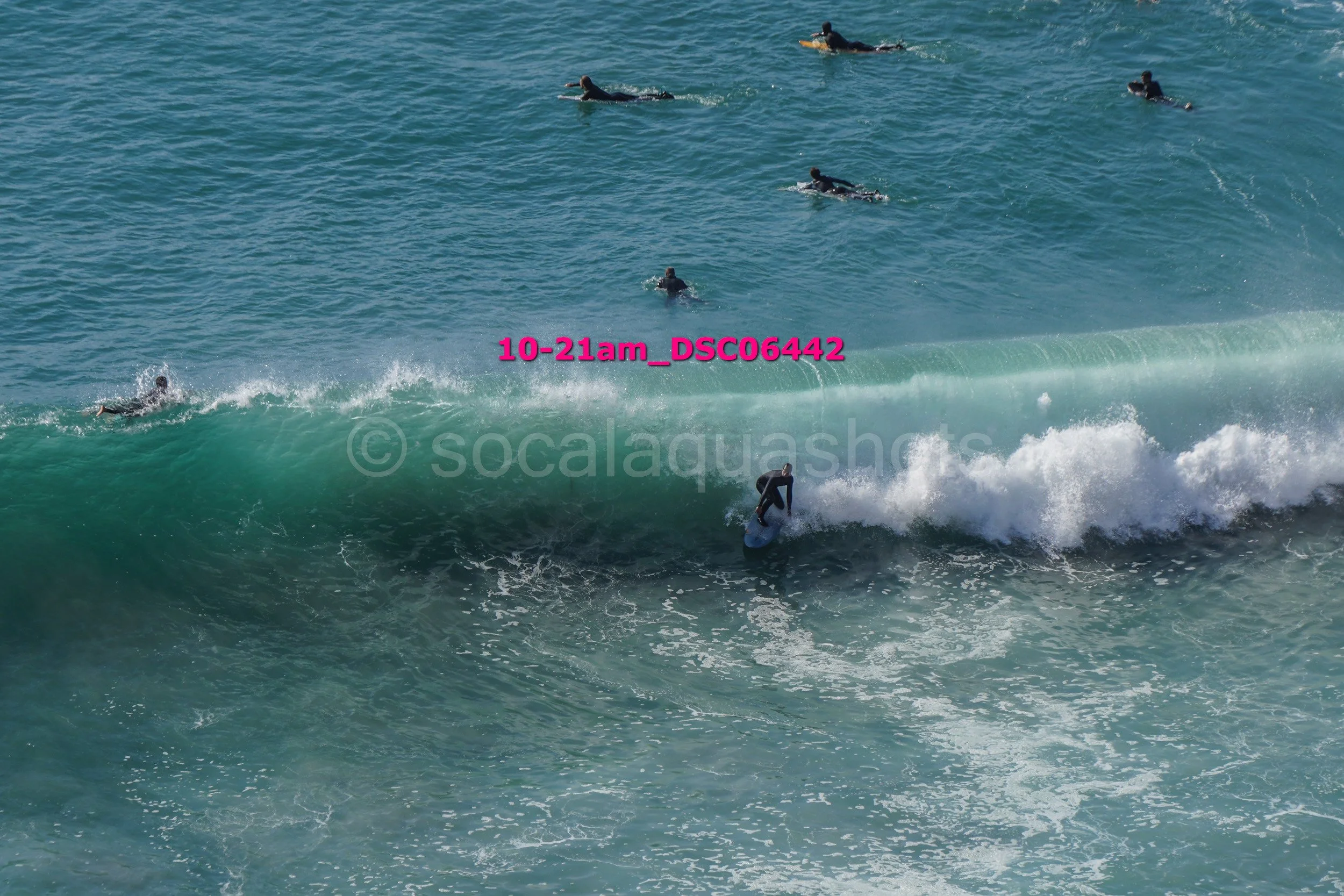 A person surfing on a wave with several people swimming and surfing in the background in the ocean.