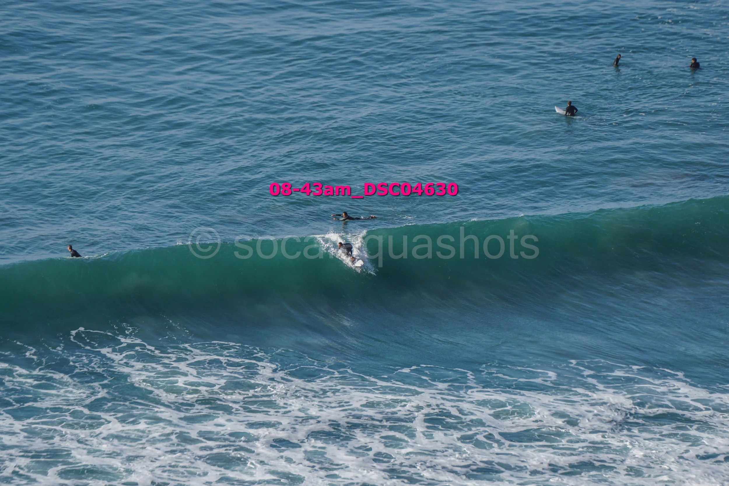 Surfers in the ocean, some riding a wave and others floating or swimming nearby.