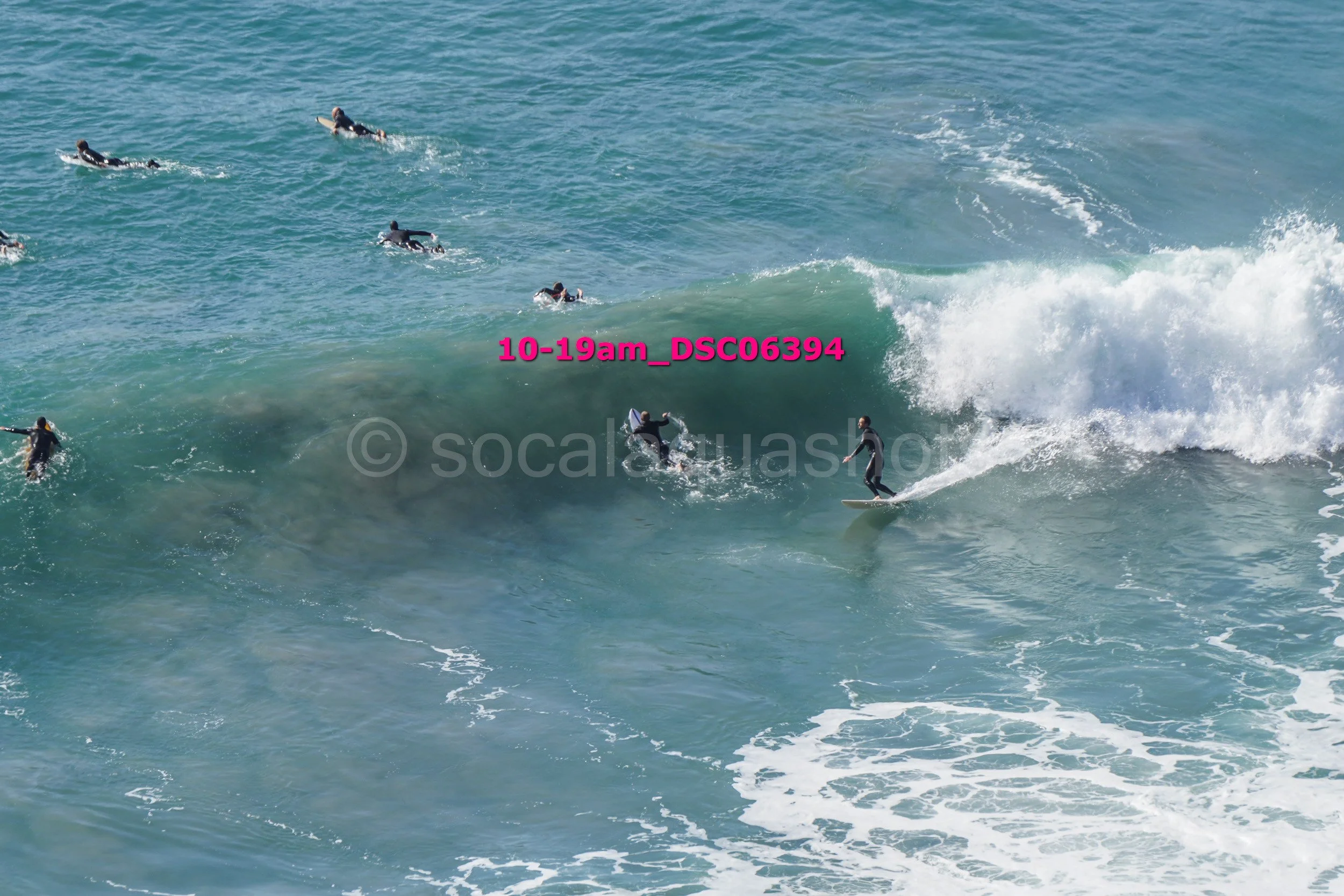 Multiple surfers in wetsuits riding and waiting on waves in the ocean.