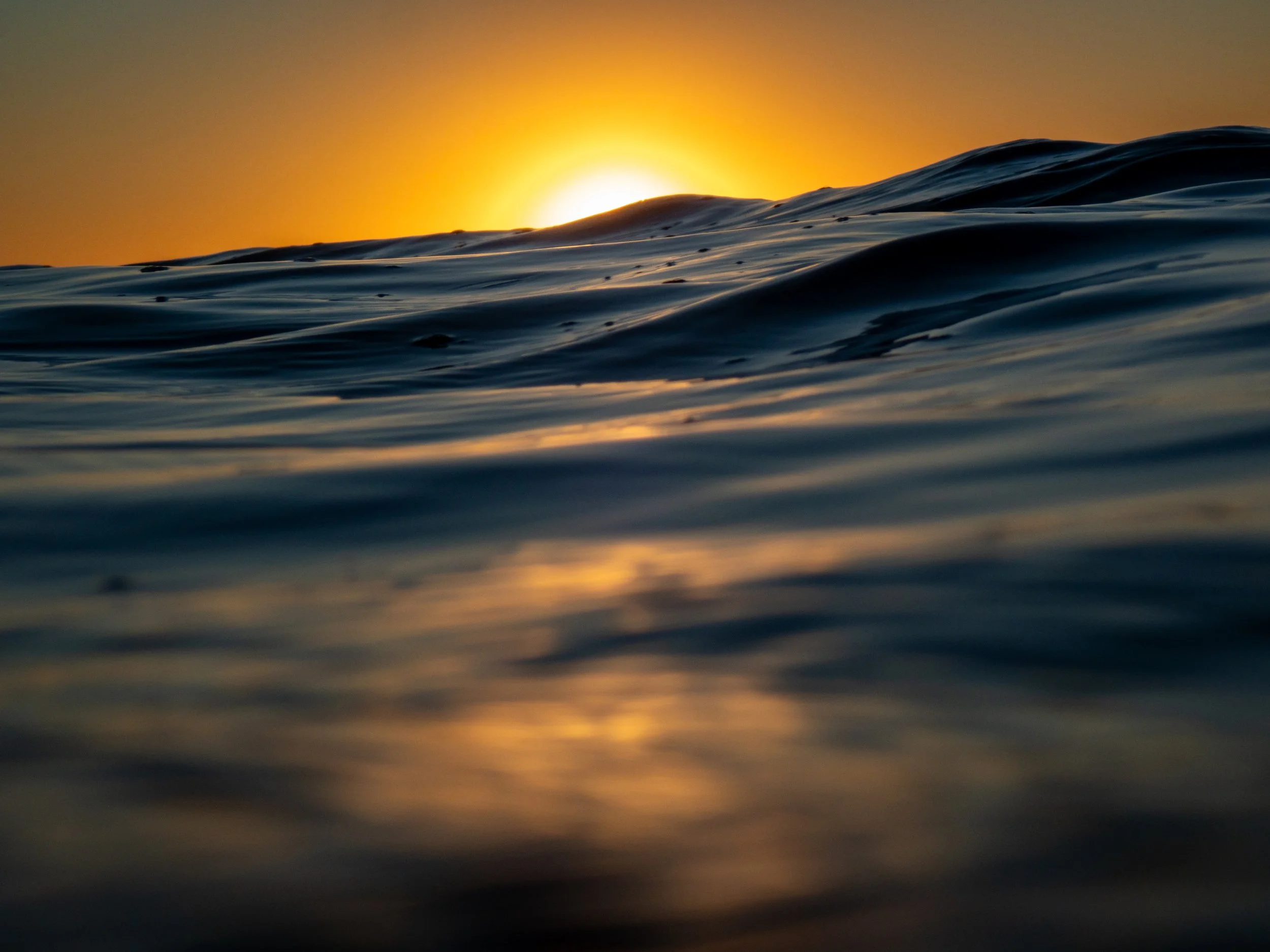 Close-up of ocean waves at sunset with the sun just above the horizon, casting a warm glow on the water.