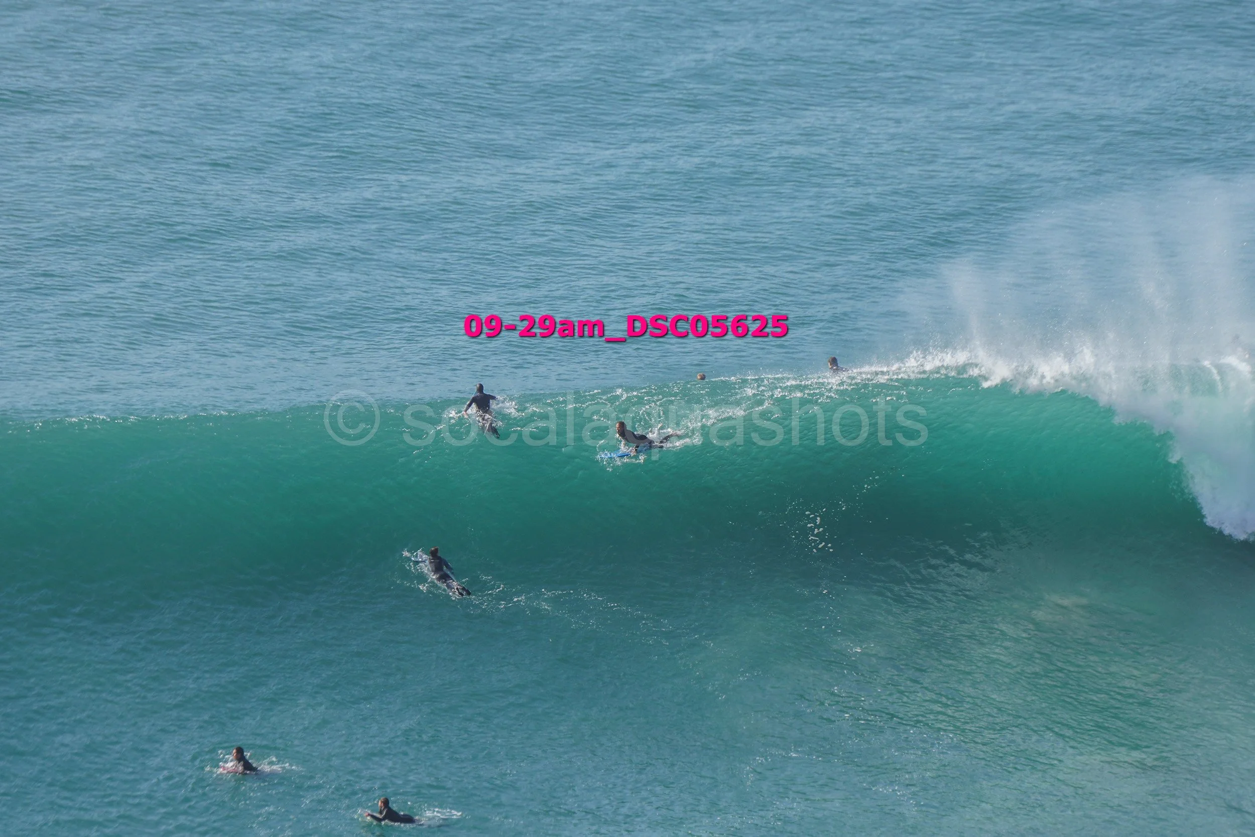 Surfers riding a large ocean wave with several surfers paddling nearby.