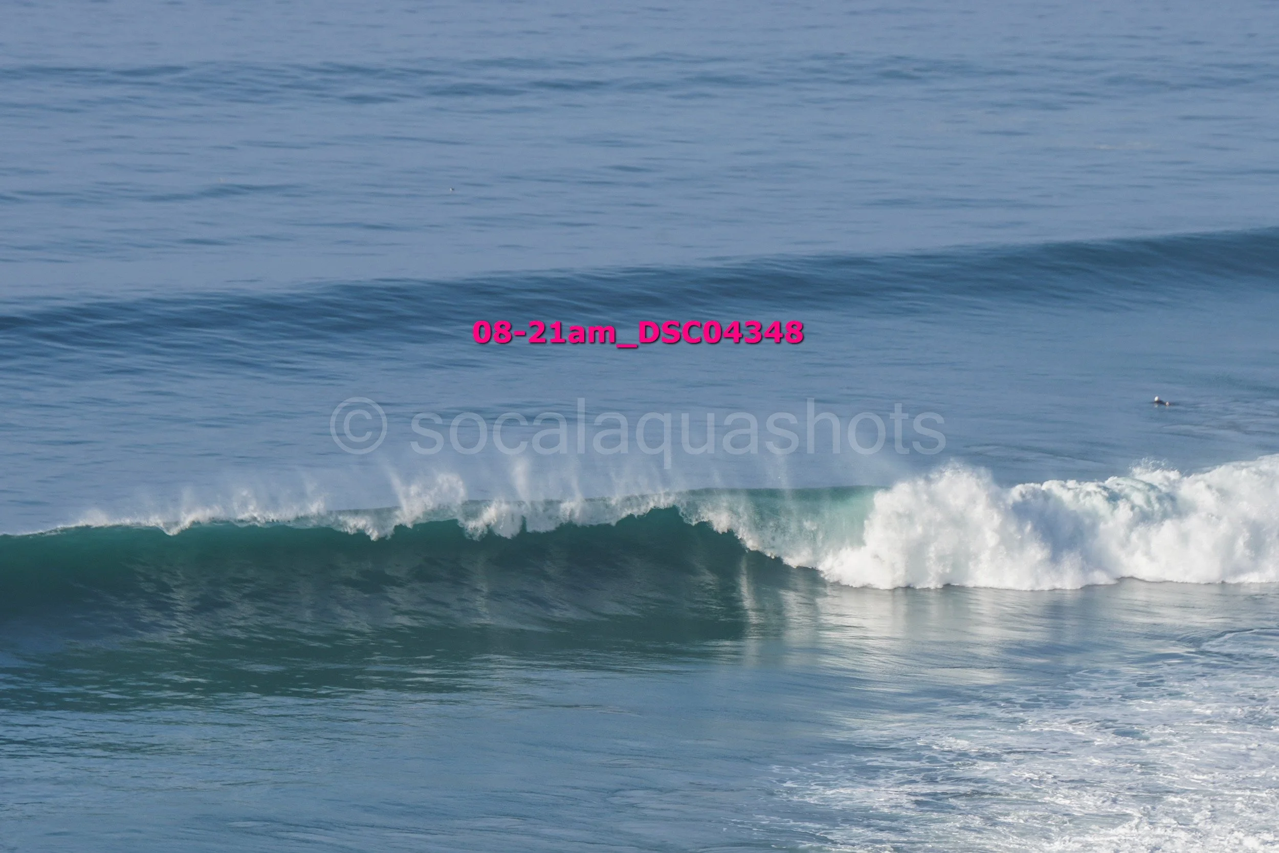 Ocean waves with a small wave breaking near the shore and a buoy floating in the background.