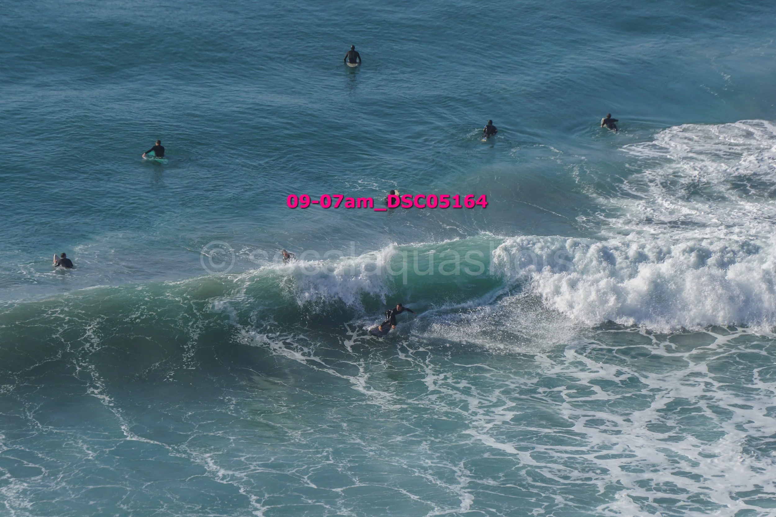 Multiple surfers in wetsuits in the ocean, with one riding a wave near the bottom right, others waiting or paddling in the water.