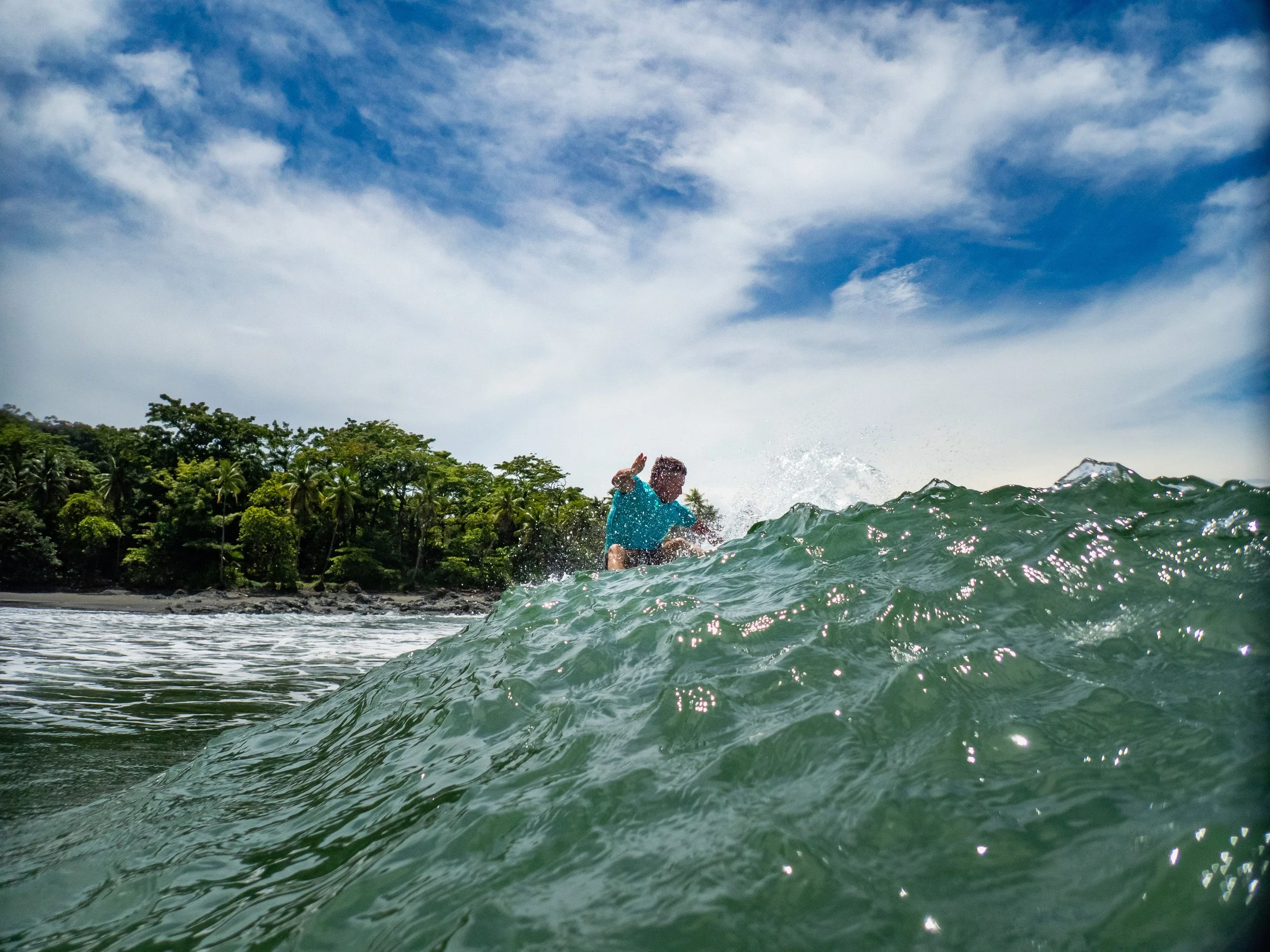Person surfing on a wave near a tropical coastline with lush green trees and a cloudy blue sky.