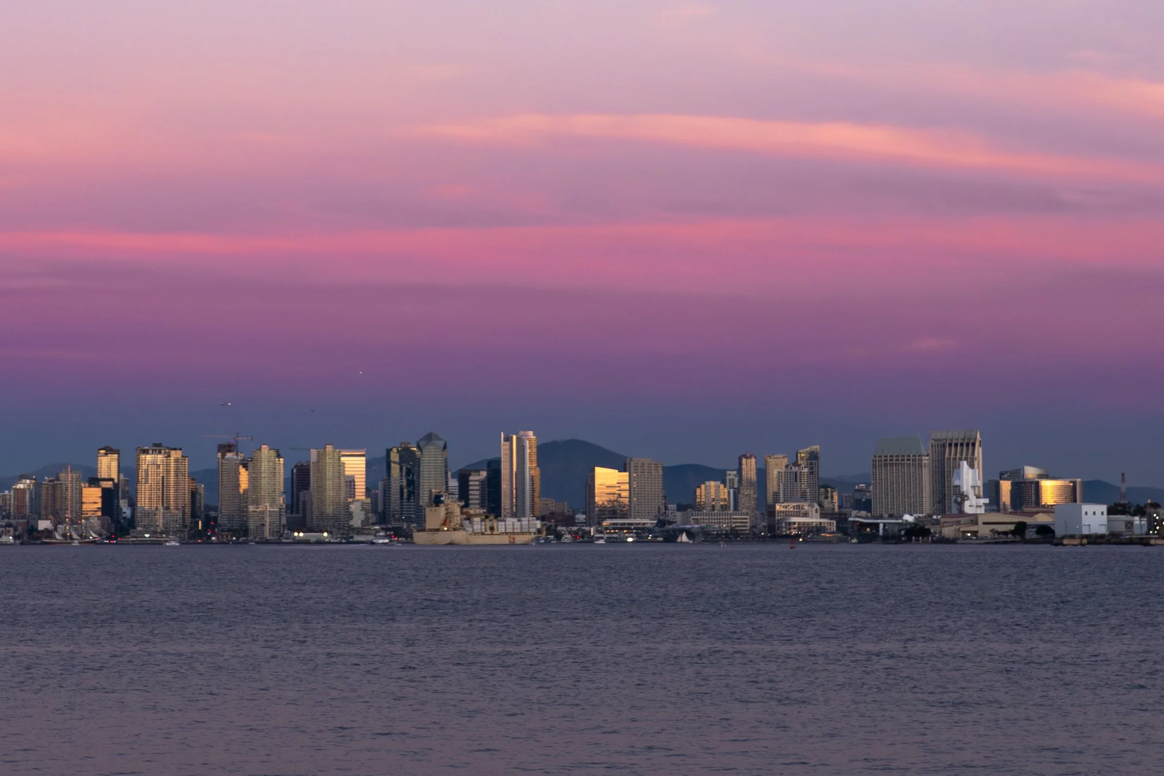 View of a city skyline at dusk with tall buildings along the water, pink and purple clouds in the sky.