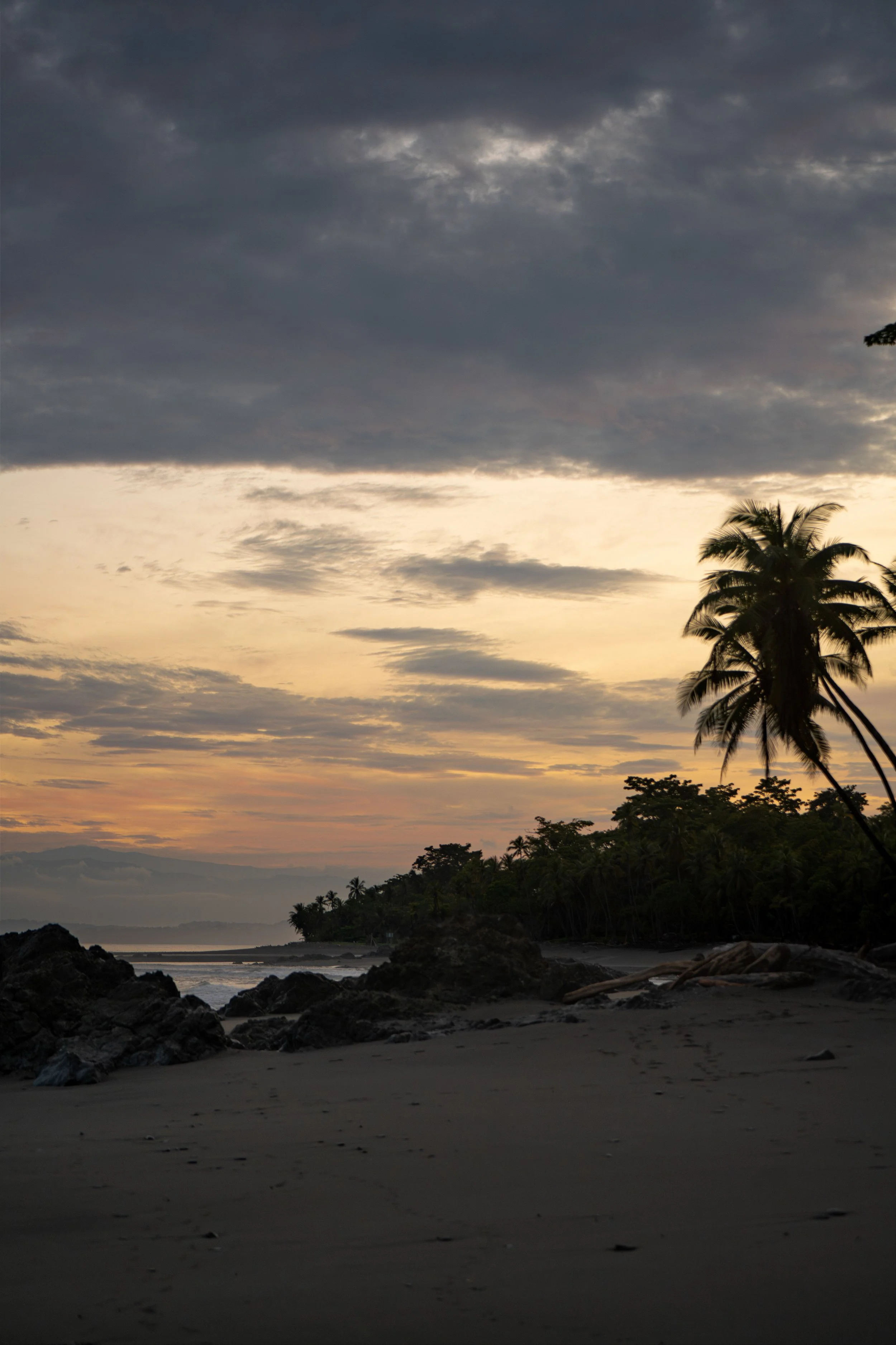 Sunset over a tropical beach with palm trees, rocks, and a cloudy sky.