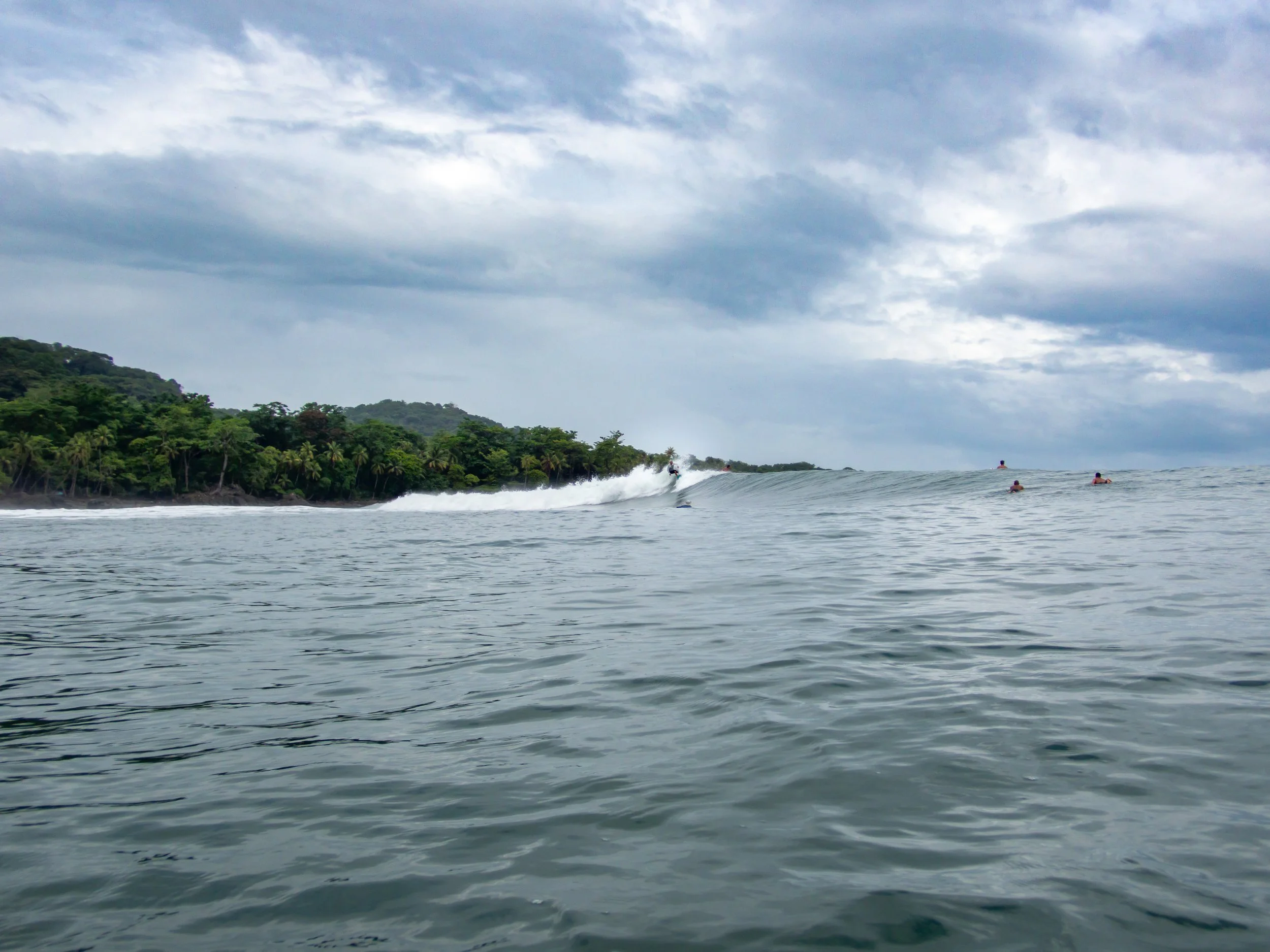 Ocean waves with surfers near lush green coastline under cloudy sky.
