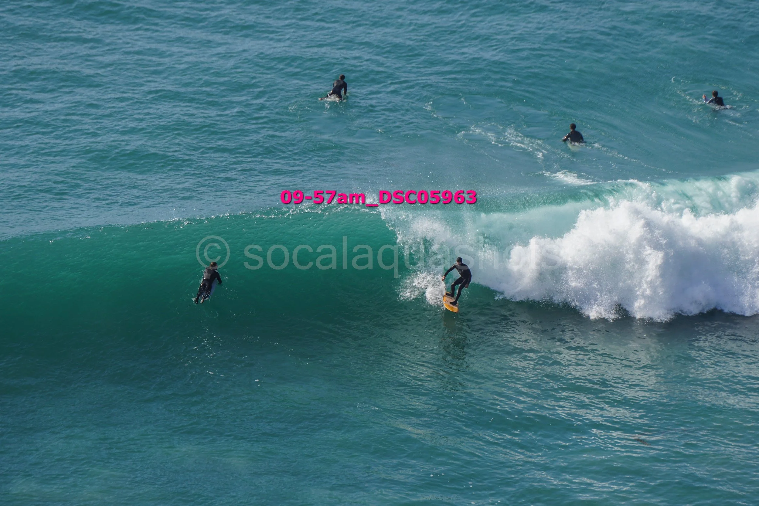 A group of surfers riding and waiting for waves in the ocean on a sunny day.