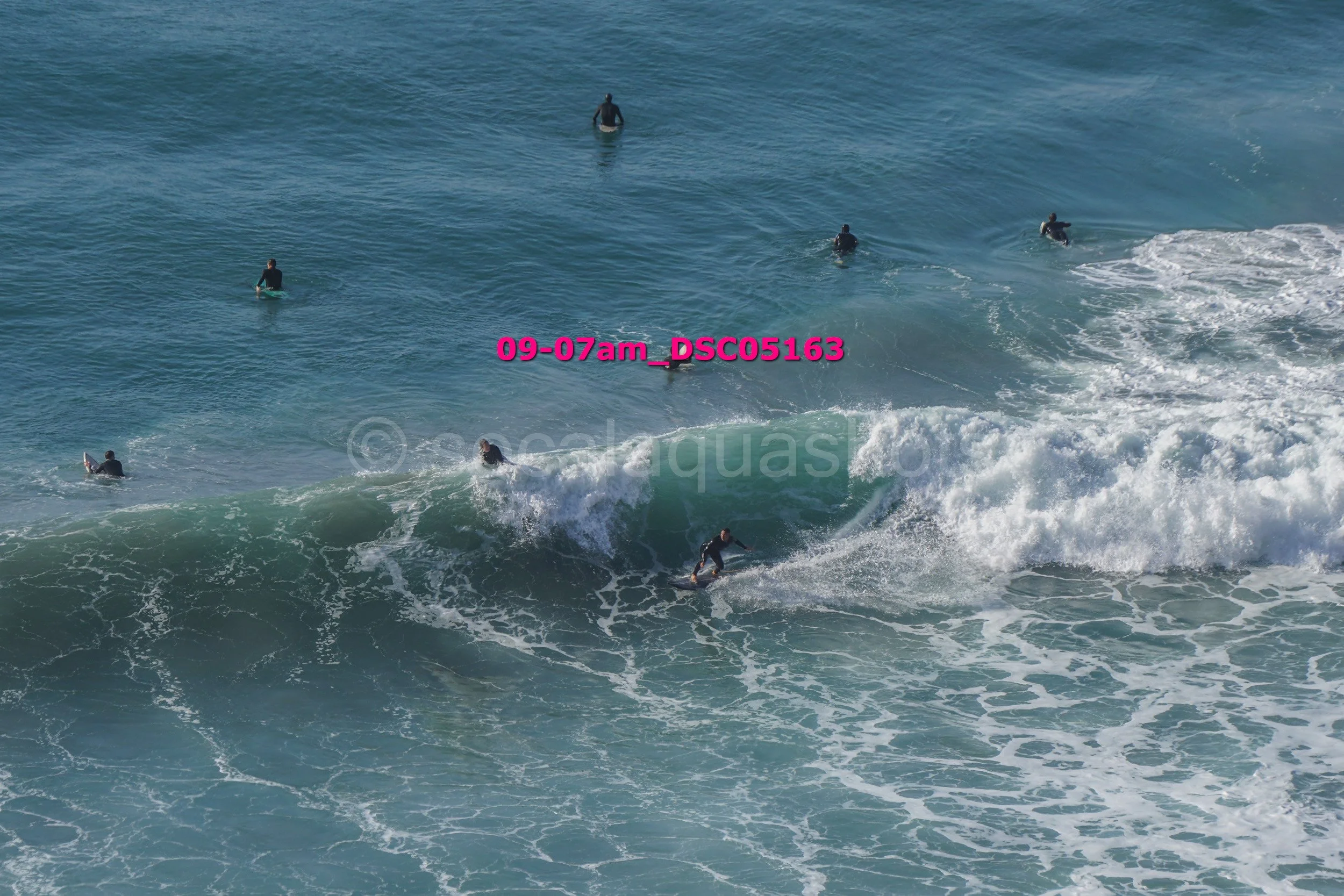 Multiple surfers in wetsuits riding and waiting on ocean waves.