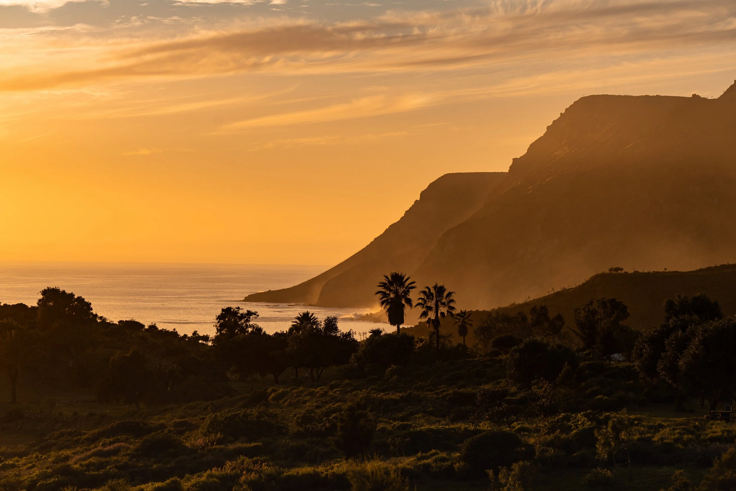 Sunset over the ocean with silhouettes of trees and mountains.