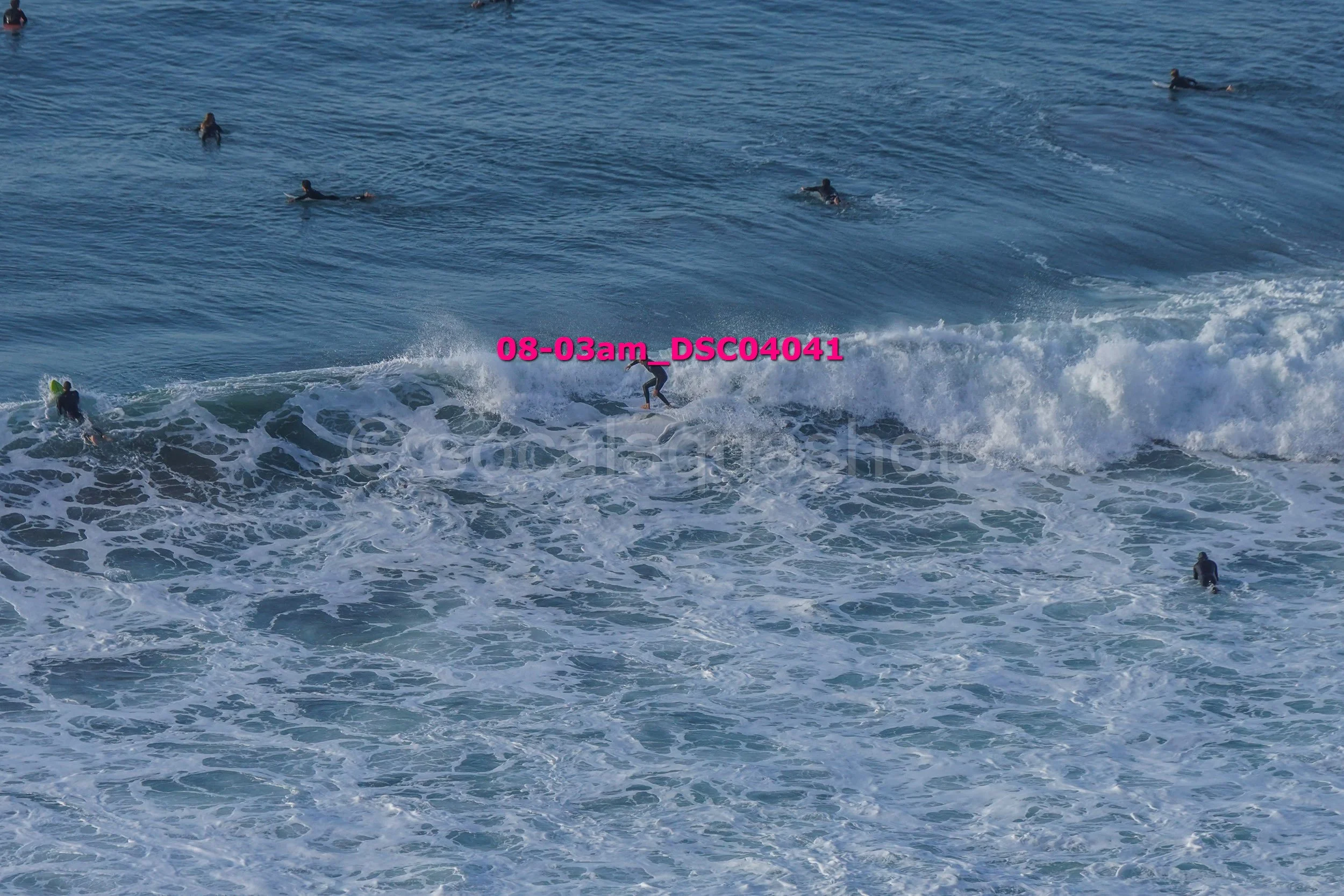 Multiple surfers and swimmers in the ocean, some riding waves, others swimming in the water.