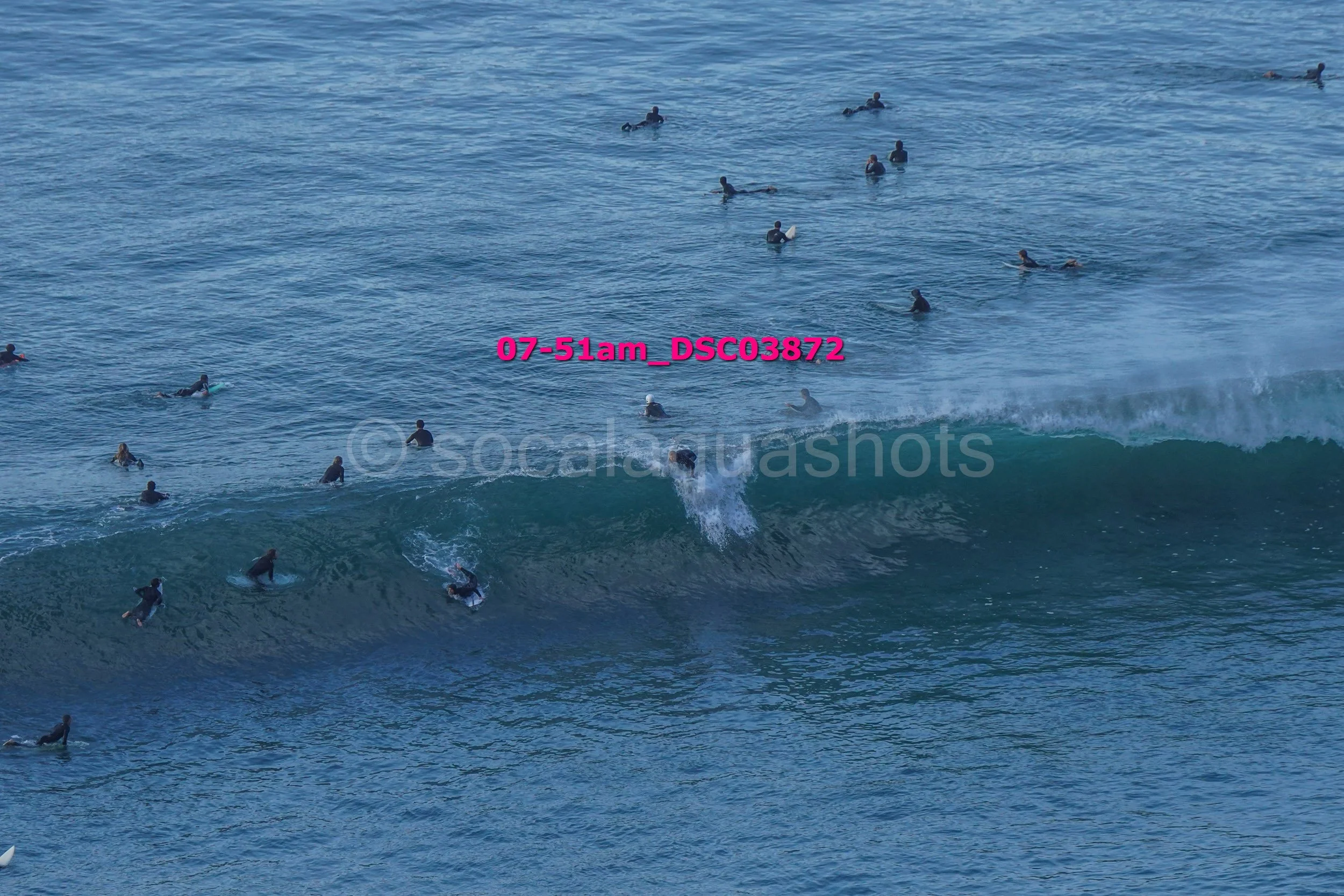A group of surfers in the ocean, waiting for waves, with one surfer riding a wave. The ocean is blue with small waves, and there are many surfers scattered across the water.