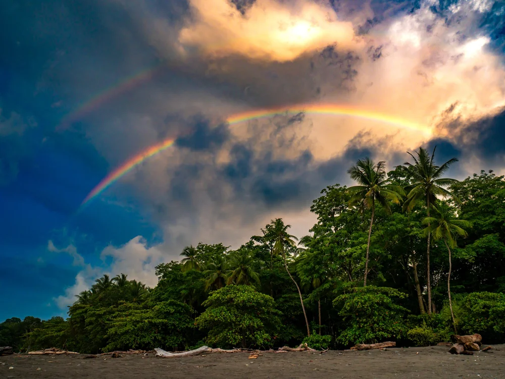A vivid rainbow over tropical forest beneath dark clouds and a colorful evening sky.
