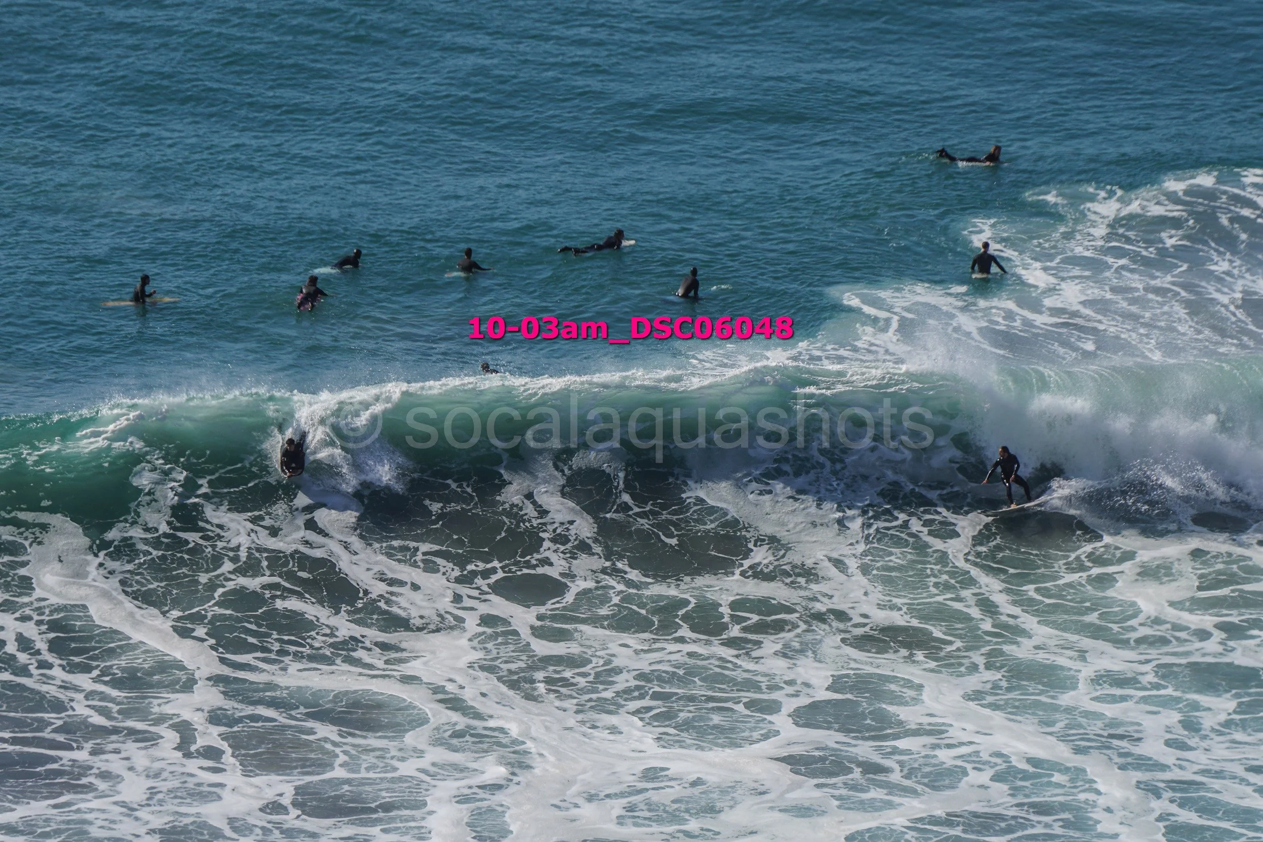 Multiple surfers riding and waiting for waves in the ocean.