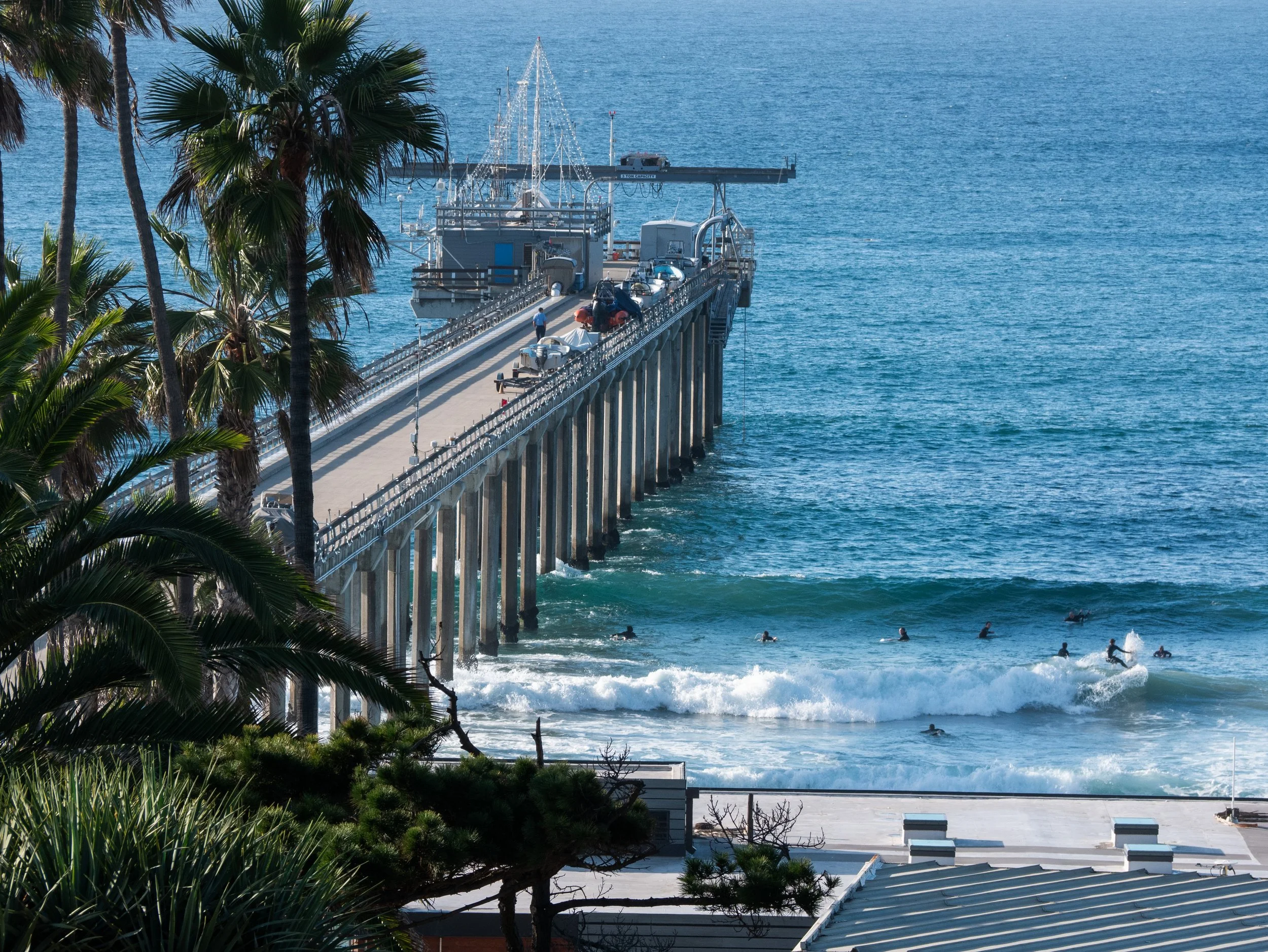 A pier extending into the ocean with people fishing and riding bikes, surrounded by palm trees, with surfers in the water and buildings nearby.