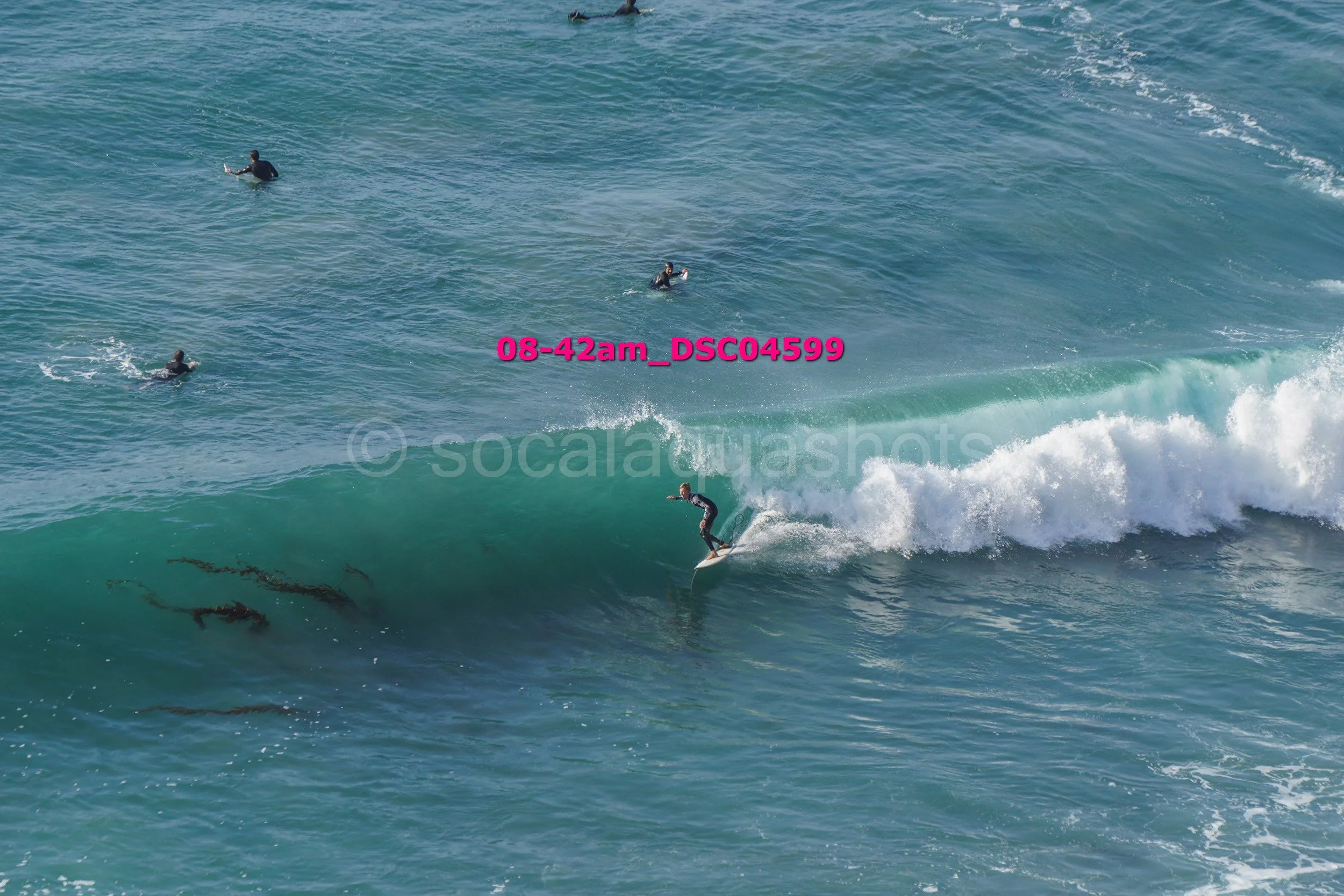 Surfer riding a wave in the ocean with three other surfers in the water nearby.