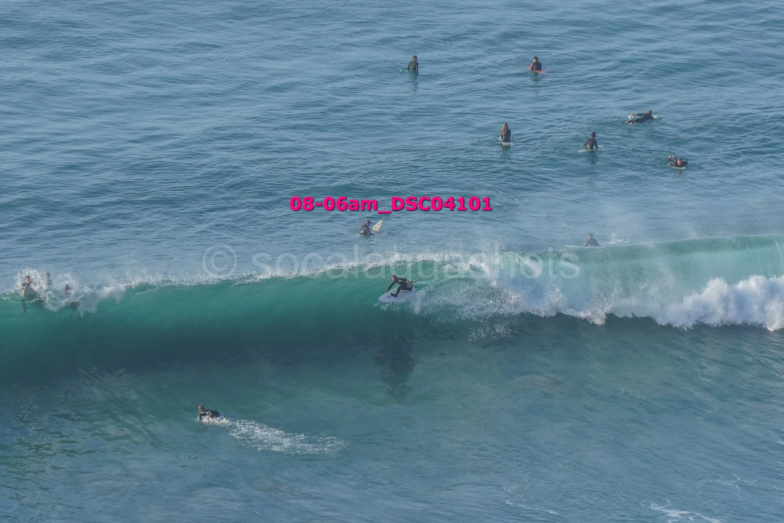 Surfers in wetsuits riding and paddling on ocean waves with several people in the water in the background.