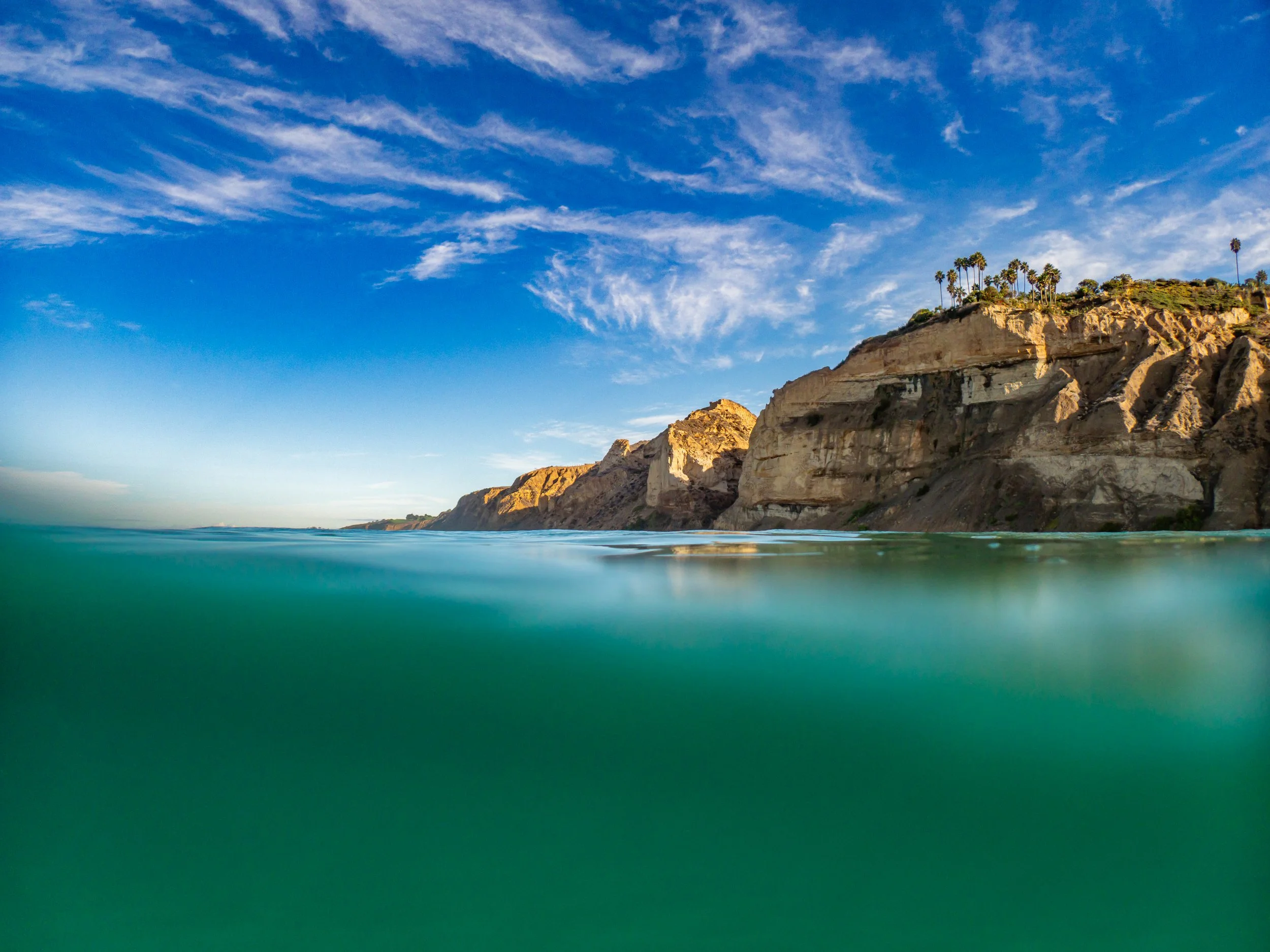 Coastal cliffs with palm trees on top, under a blue sky with white clouds, partially over water with a smooth surface.