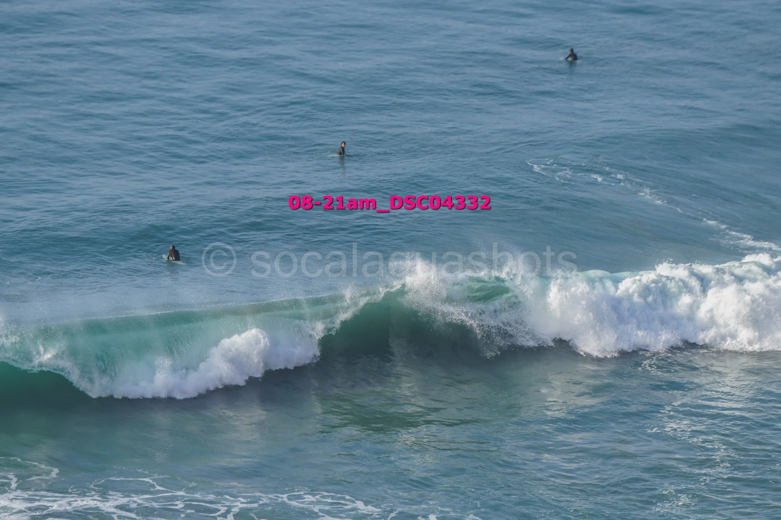 Several surfers in wetsuits waiting in the ocean, with some waves breaking near the shore.