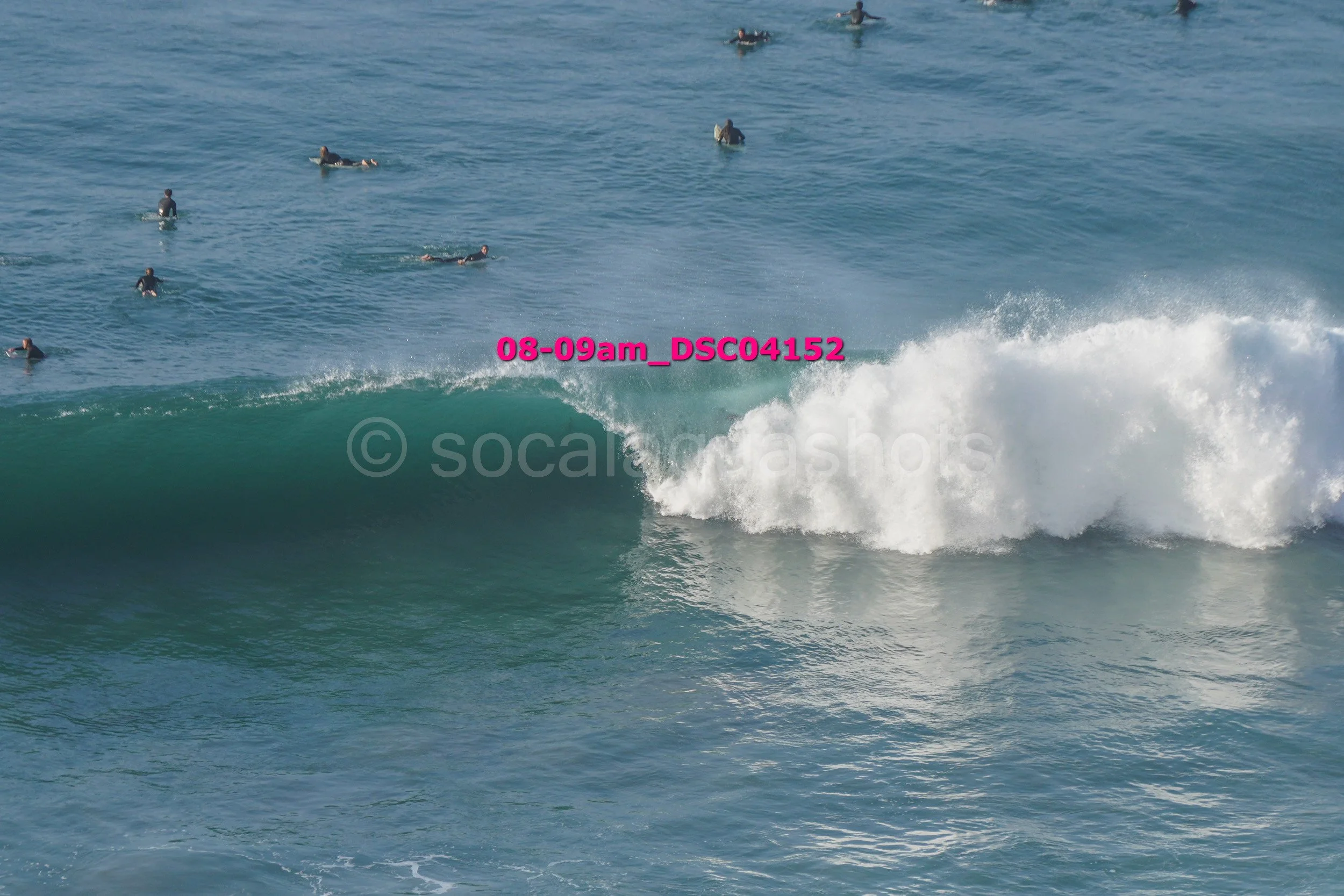 Group of surfers in the ocean, with one large wave in the foreground breaking toward the shore.