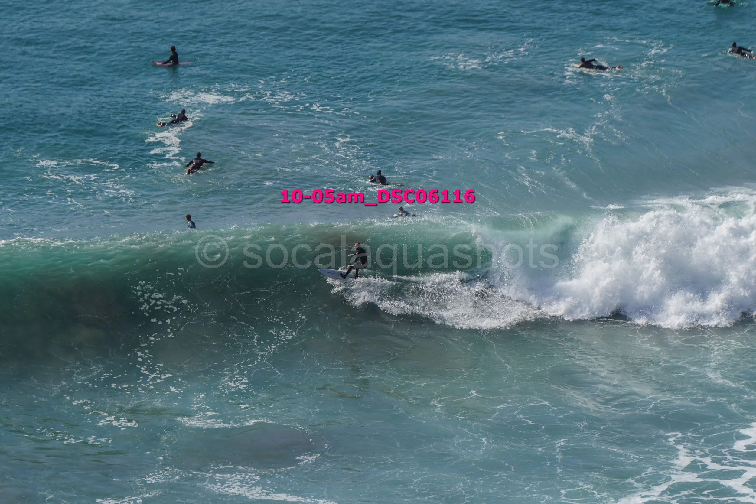 Surfers in wetsuits riding and paddling on ocean waves at a beach.