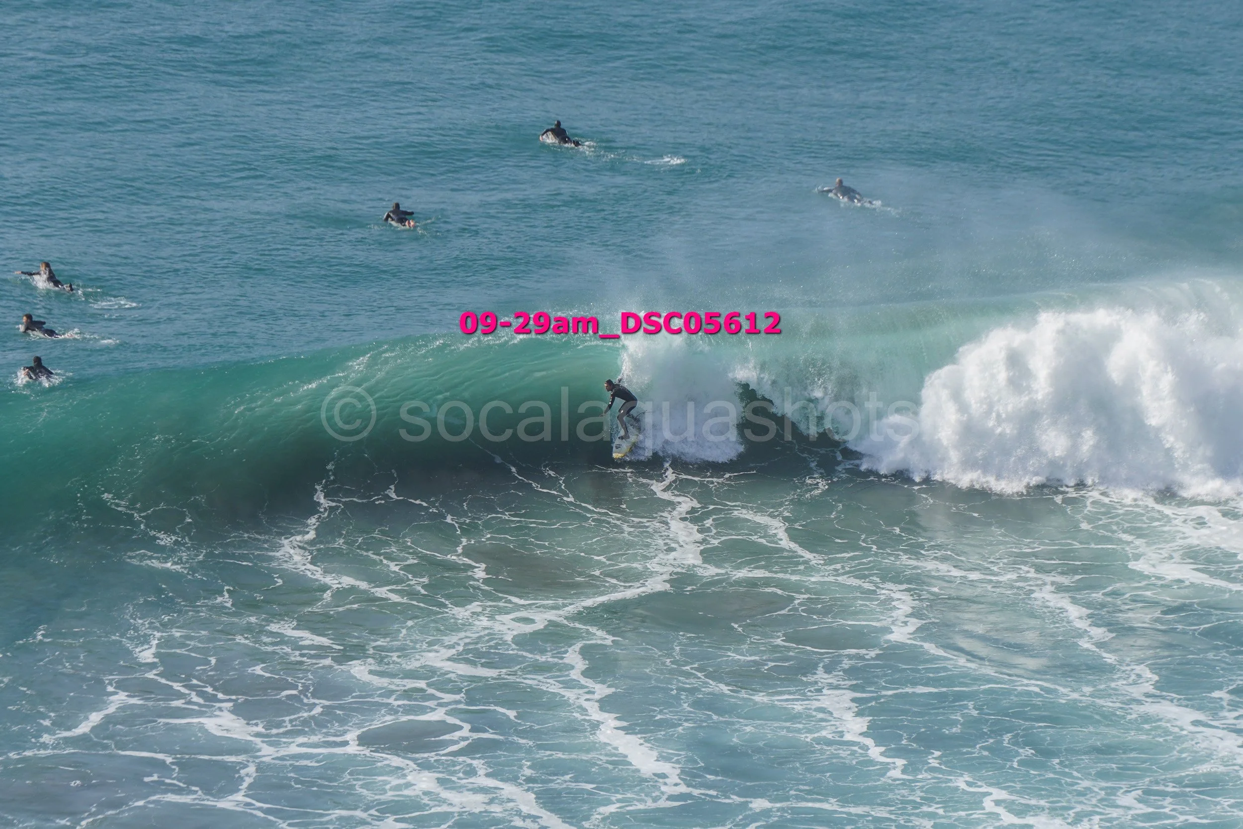 Surfer riding a wave with several surfers in the water in the background.
