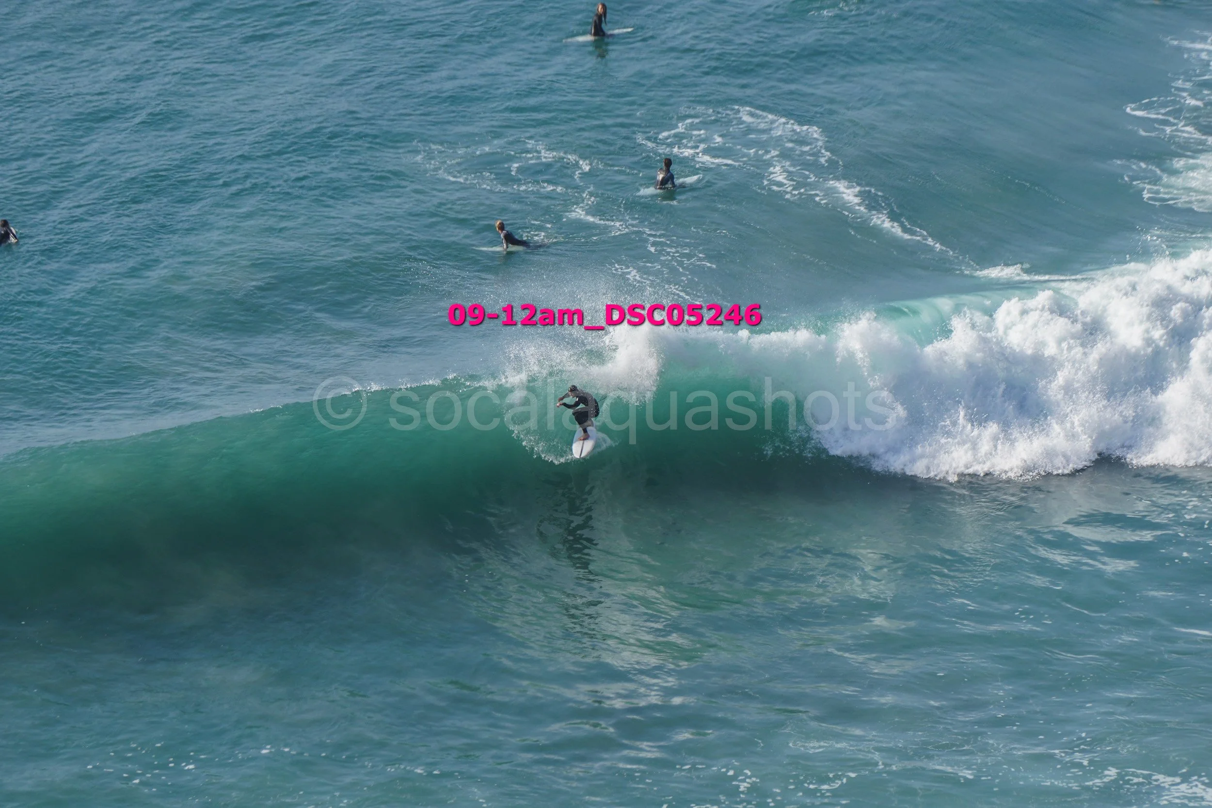A person surfing on a wave while several others surf nearby in the ocean.