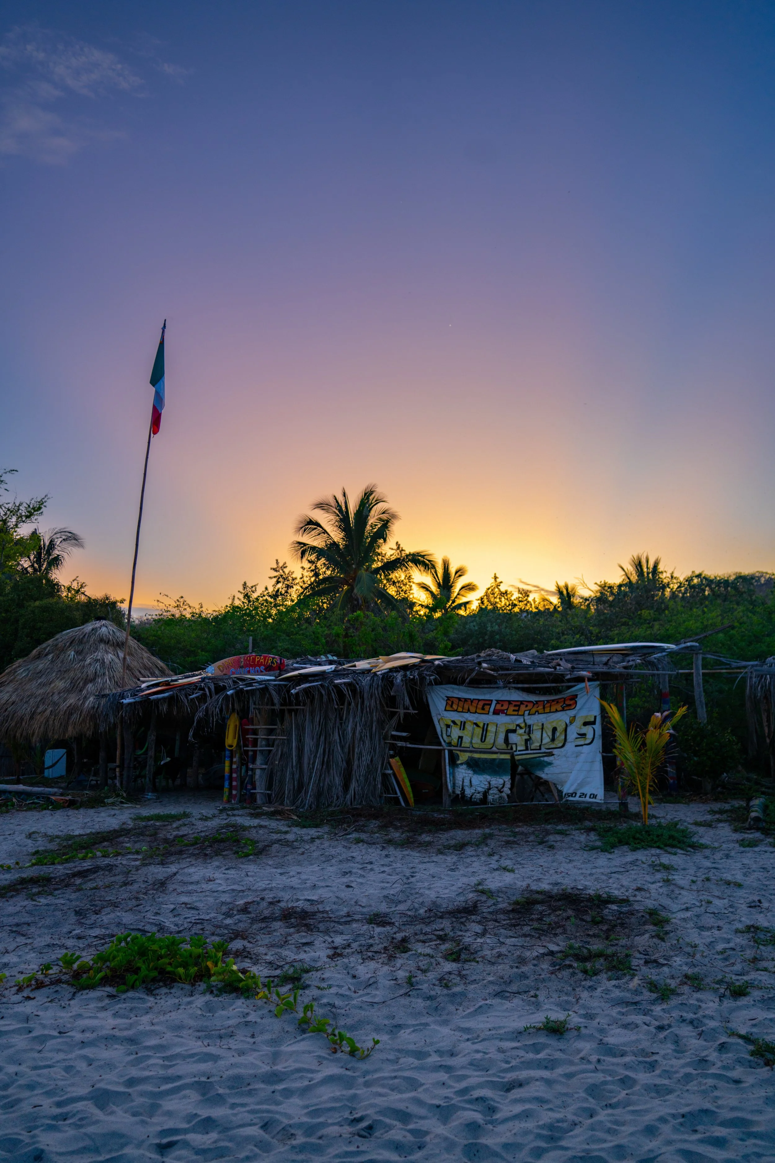 Sunset over a tropical beach with palm trees and a thatched hut, and a flag flying on a pole.