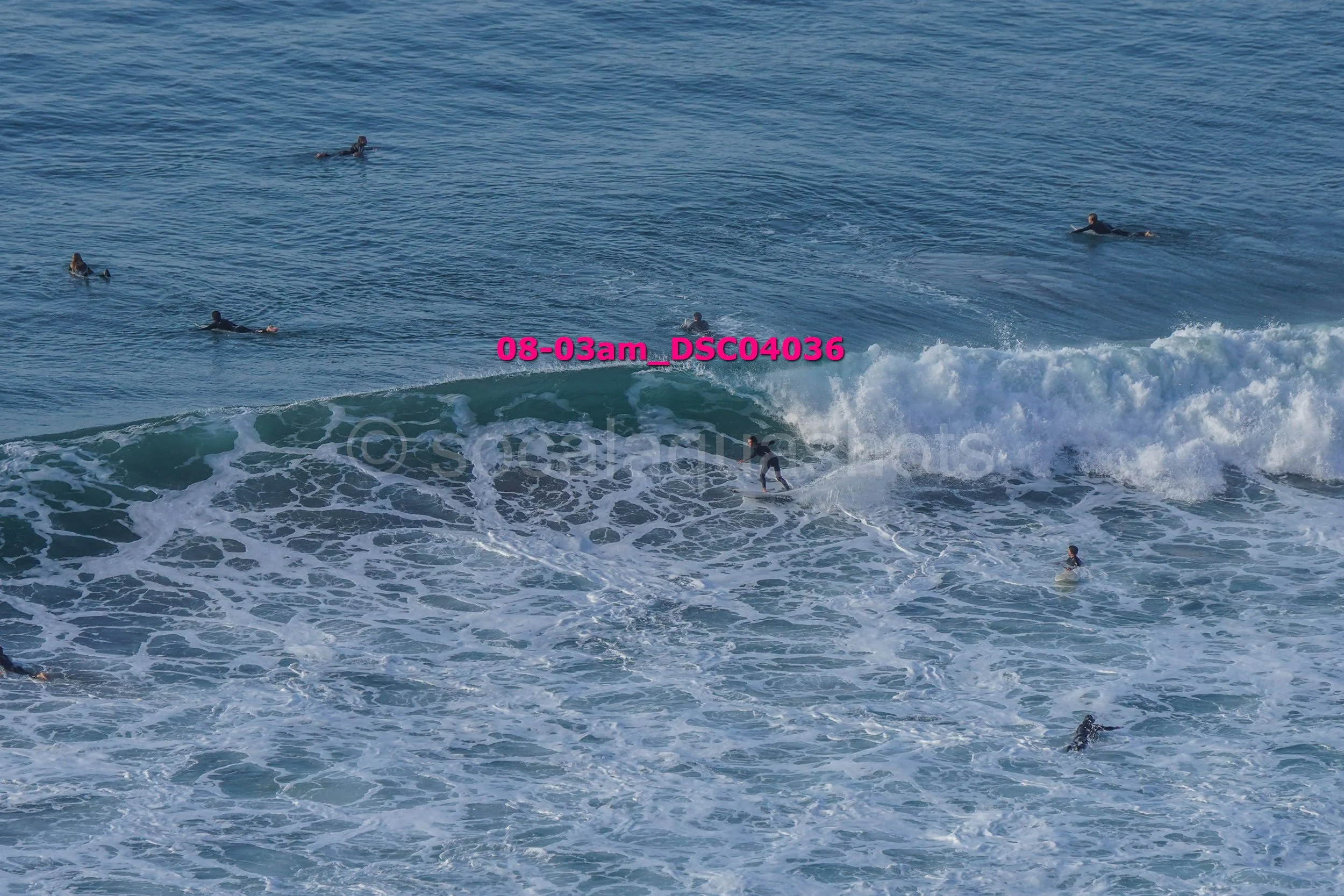 Multiple surfers in the ocean, some riding a wave while others are swimming or floating in the water.