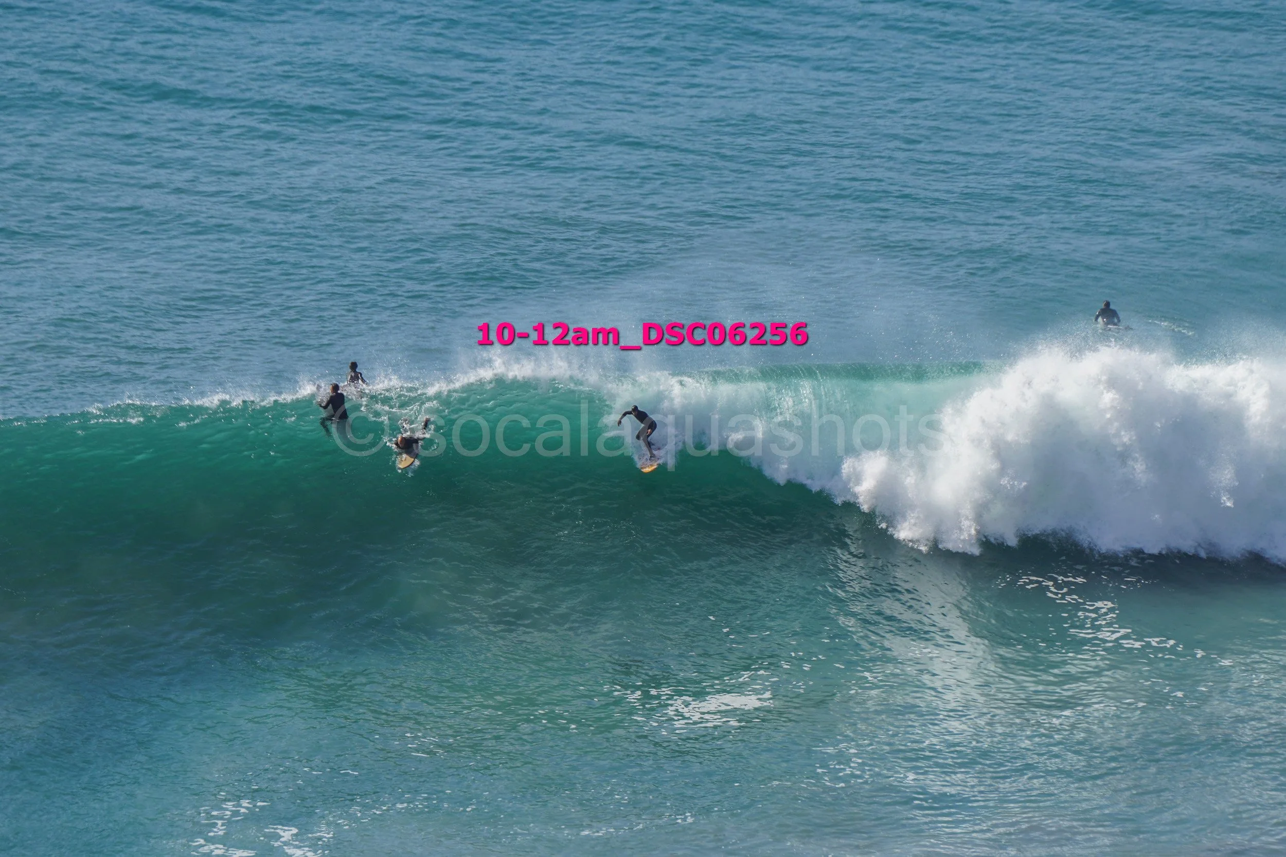 Multiple surfers riding and waiting on ocean waves during daytime with clear sky.