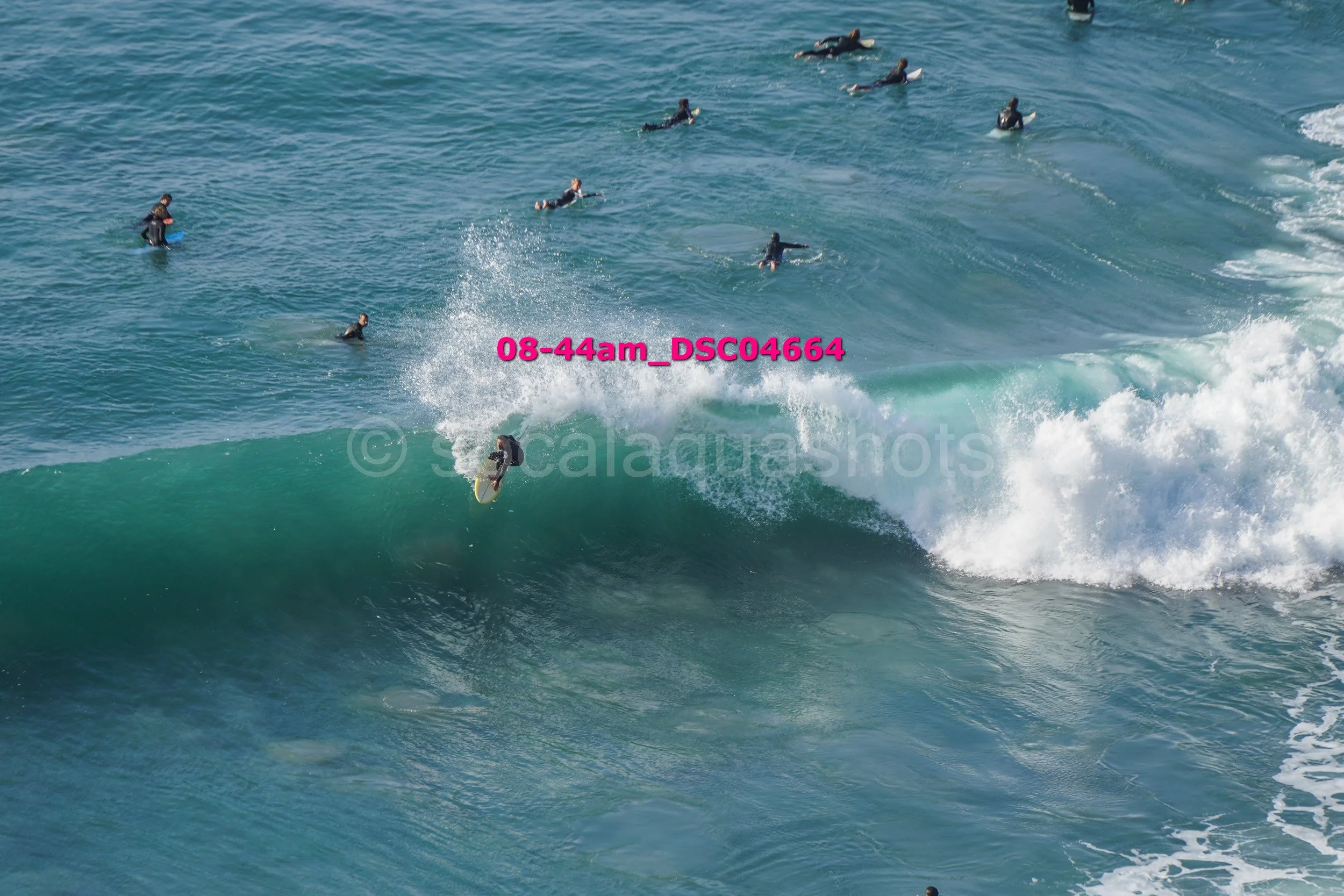Surfer riding a wave with several people in the water watching from behind.