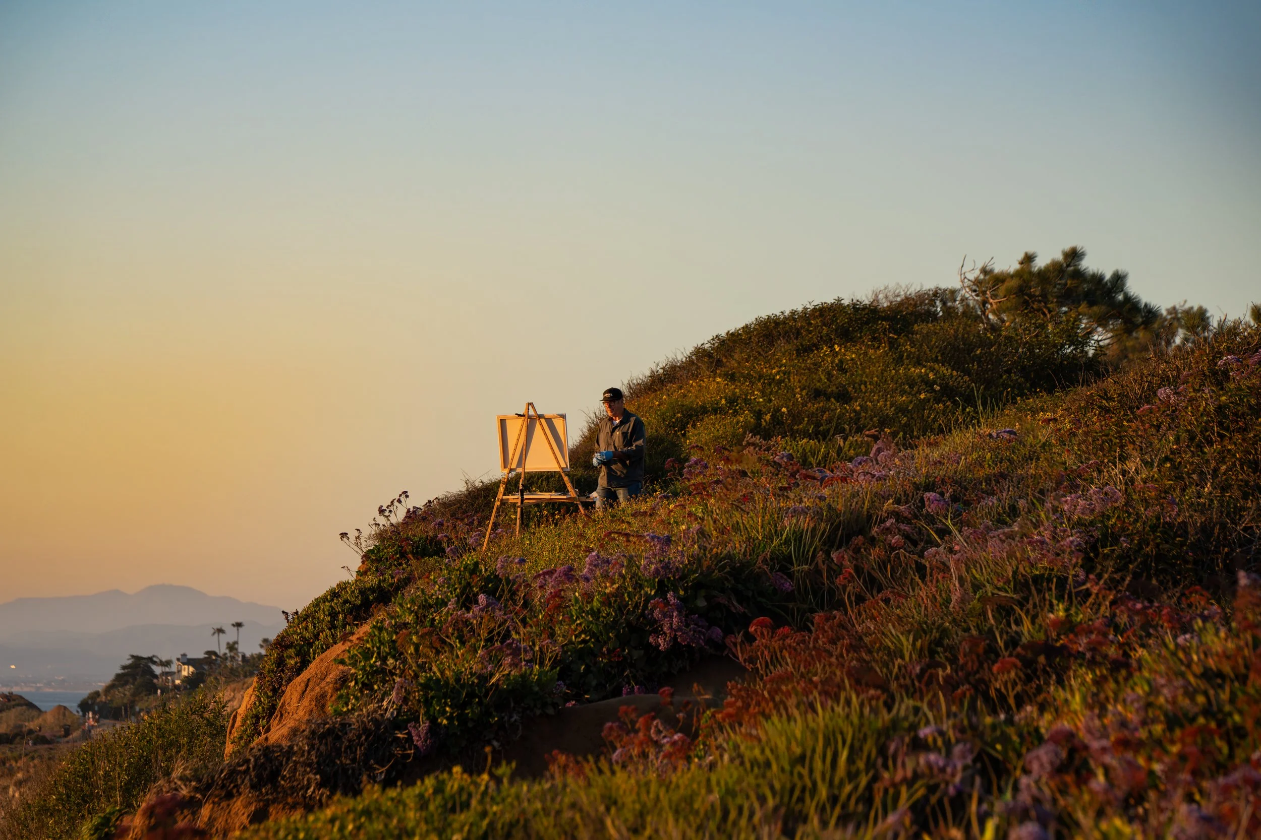 A person stands on a hillside covered with colorful wildflowers, looking at an easel with a canvas during sunset.