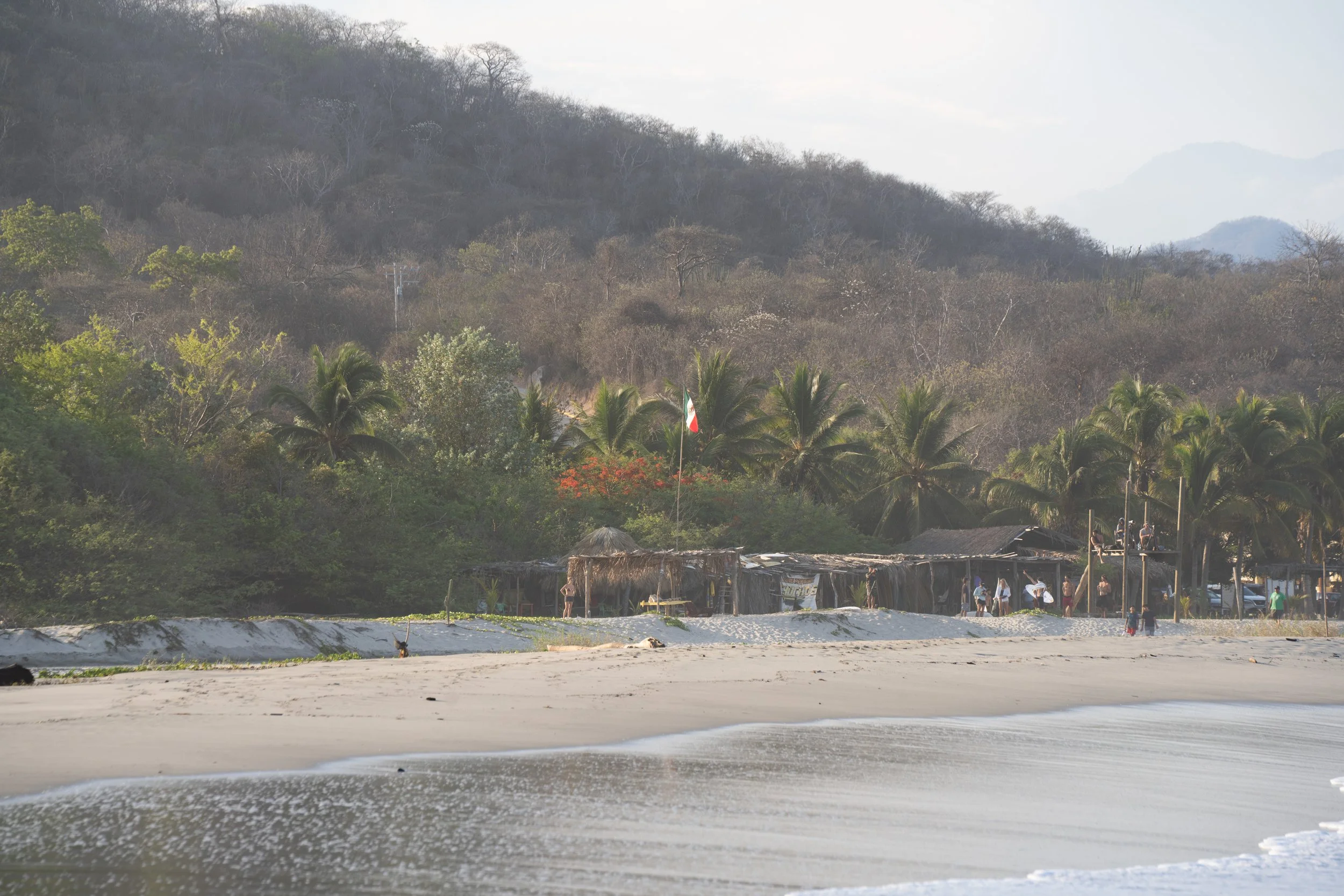 Beach scene with sandy shore, gentle waves, and a small village with thatched roofs and huts, backed by lush trees, palm trees, and hillside with sparse trees, under a cloudy sky.