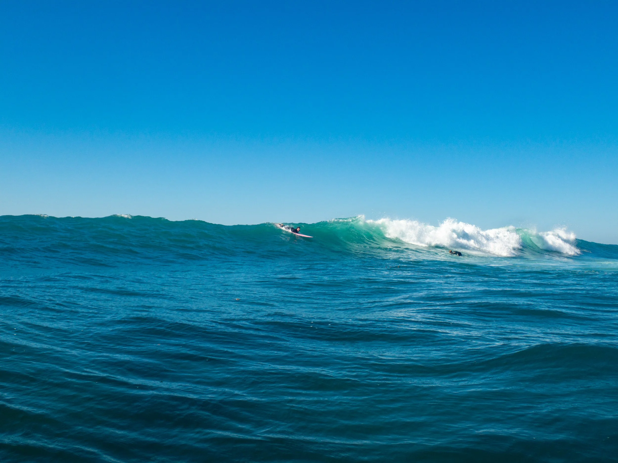 Surfers riding a wave in the ocean under a clear blue sky.